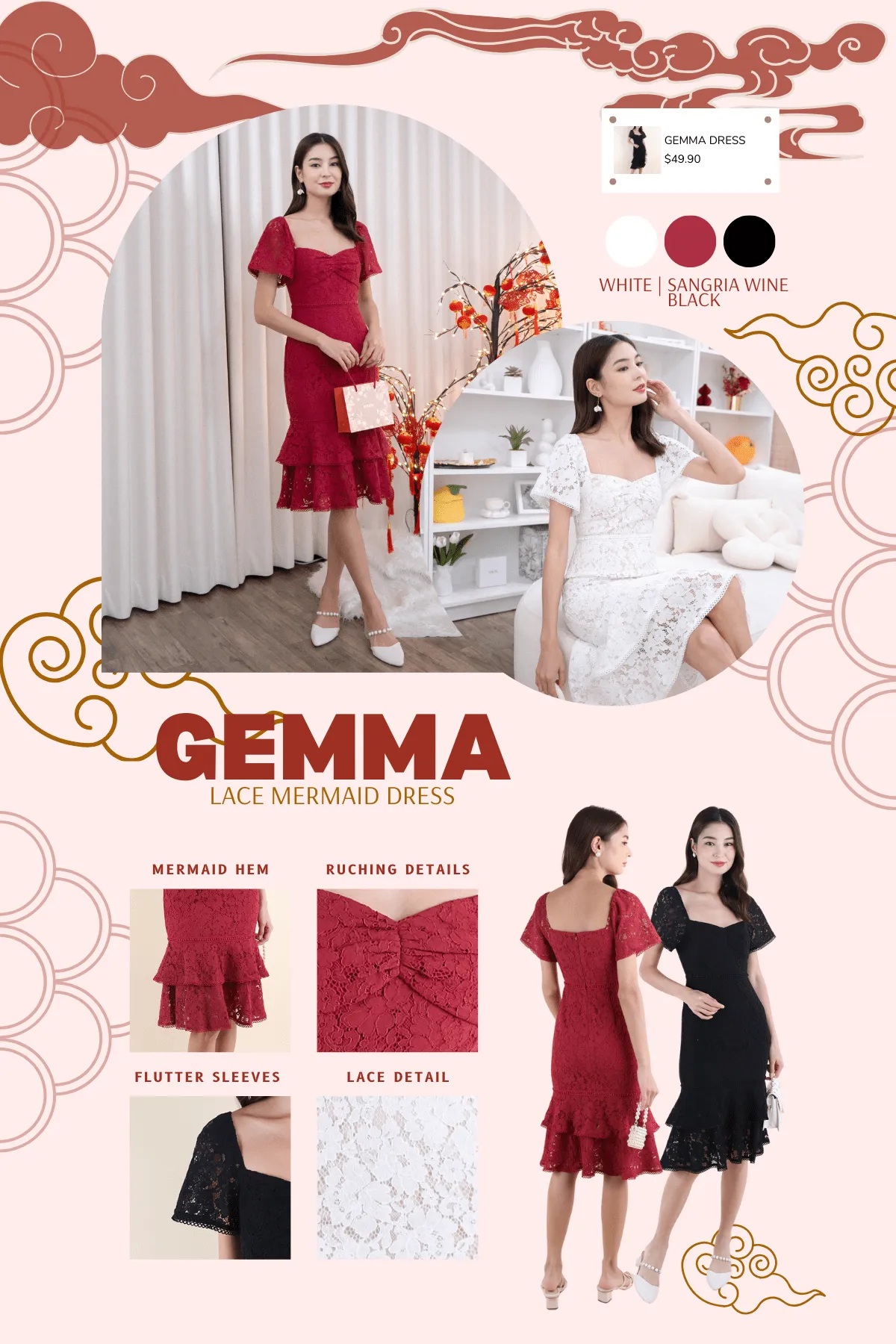 GEMMA LACE MERMAID DRESS IN SANGRIA ROSE