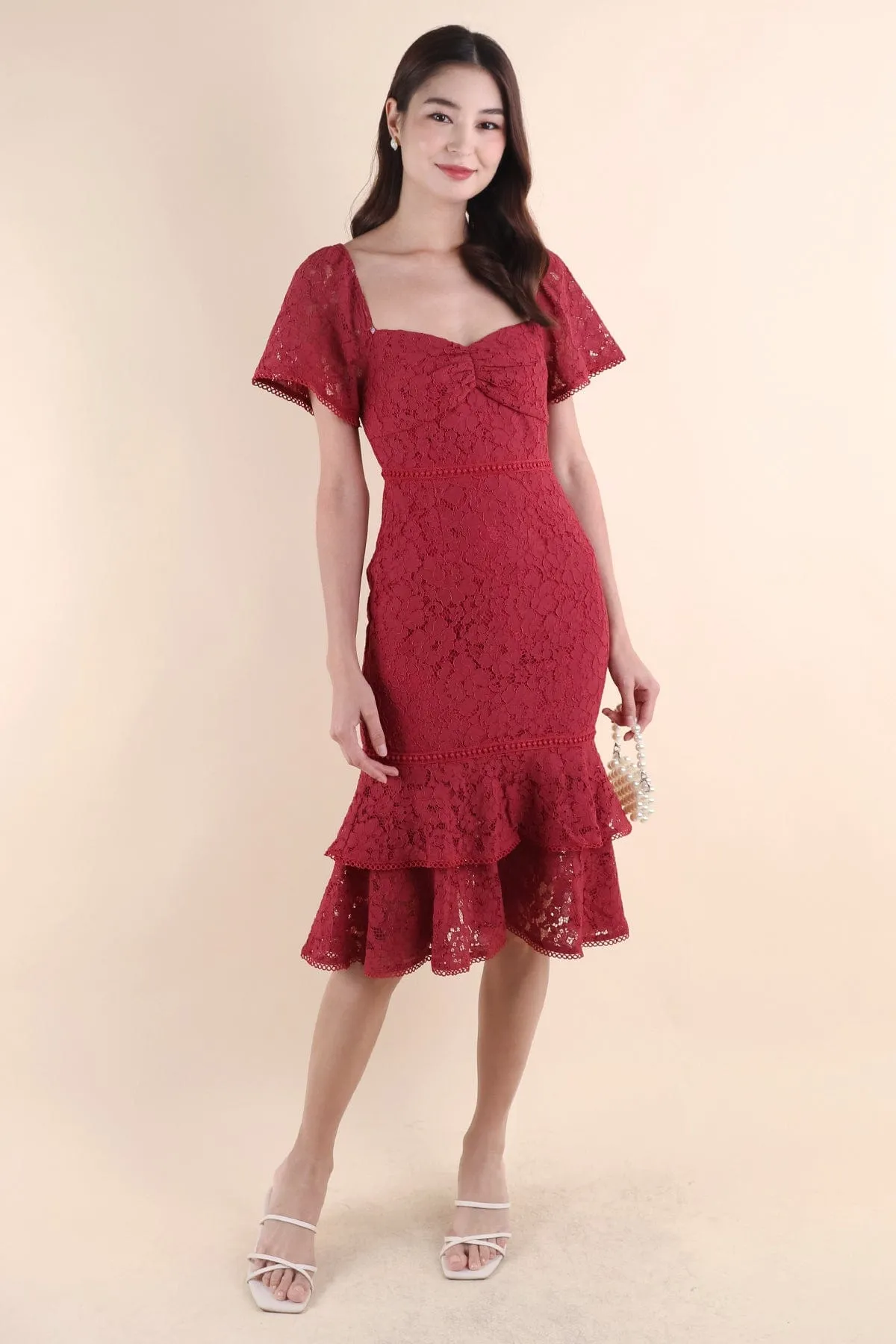 GEMMA LACE MERMAID DRESS IN SANGRIA ROSE