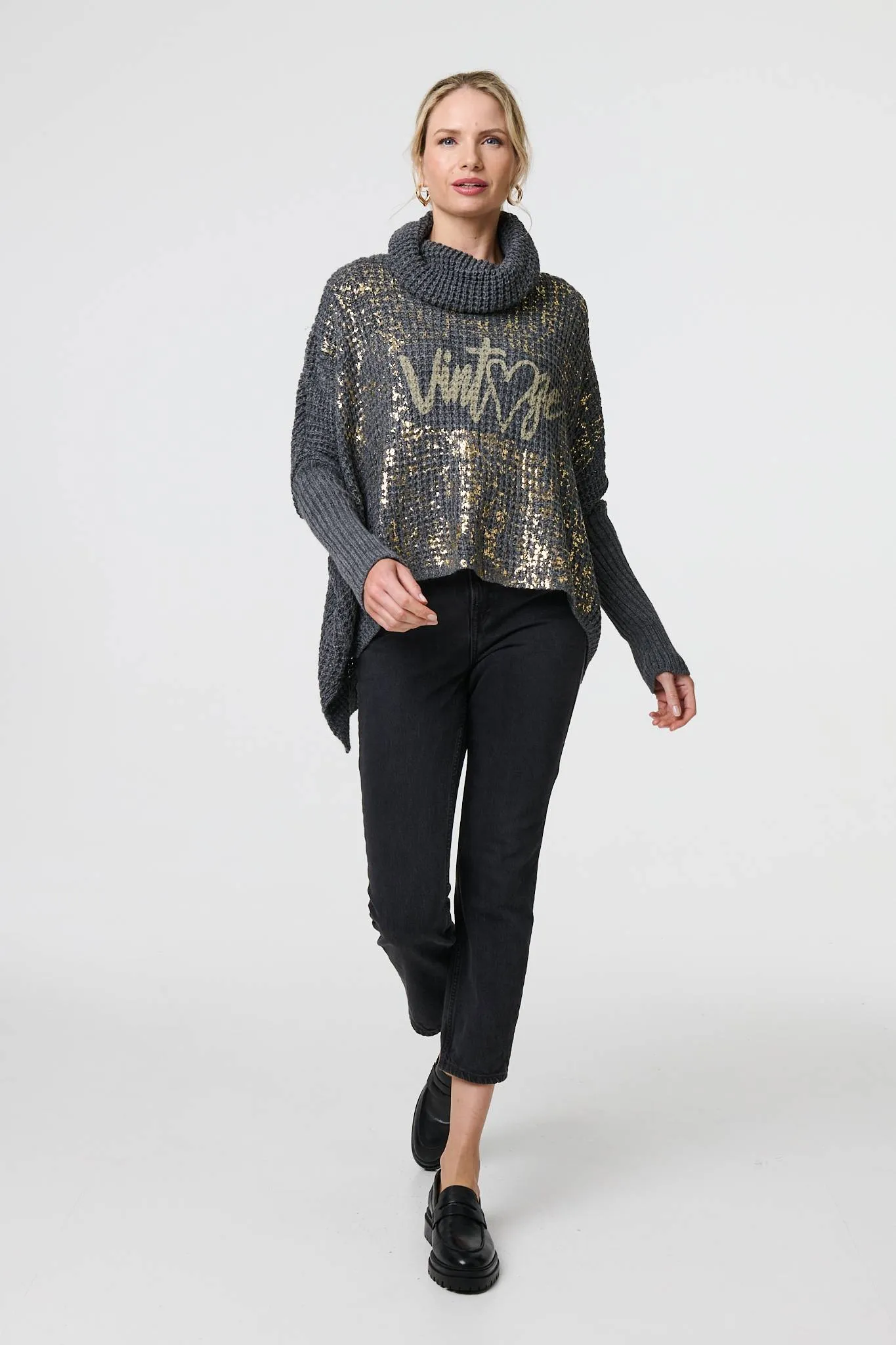 Graphic Print Metallic Roll Neck Jumper