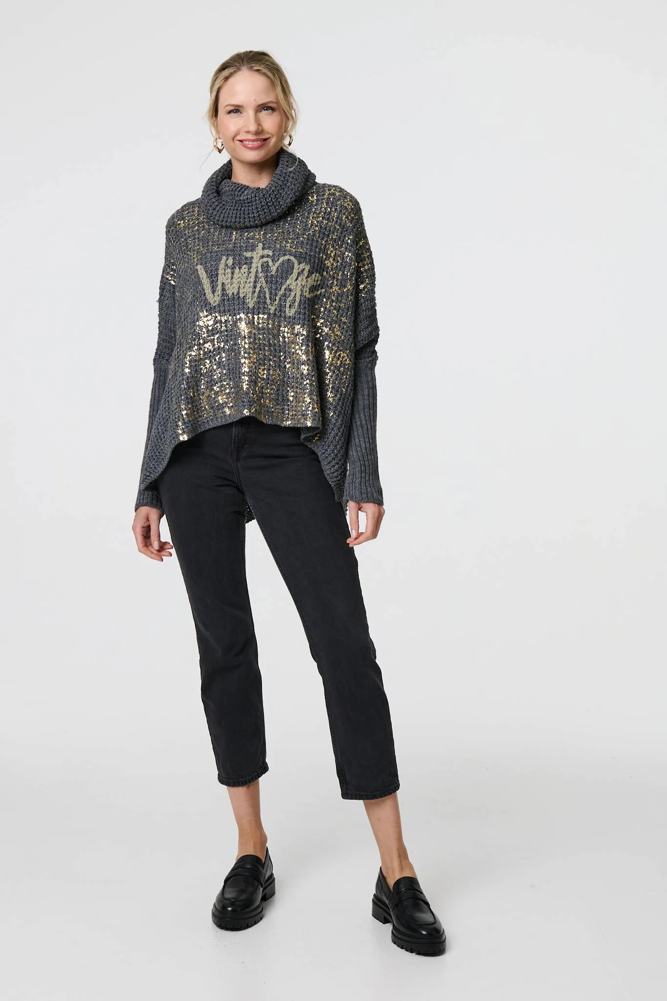 Graphic Print Metallic Roll Neck Jumper