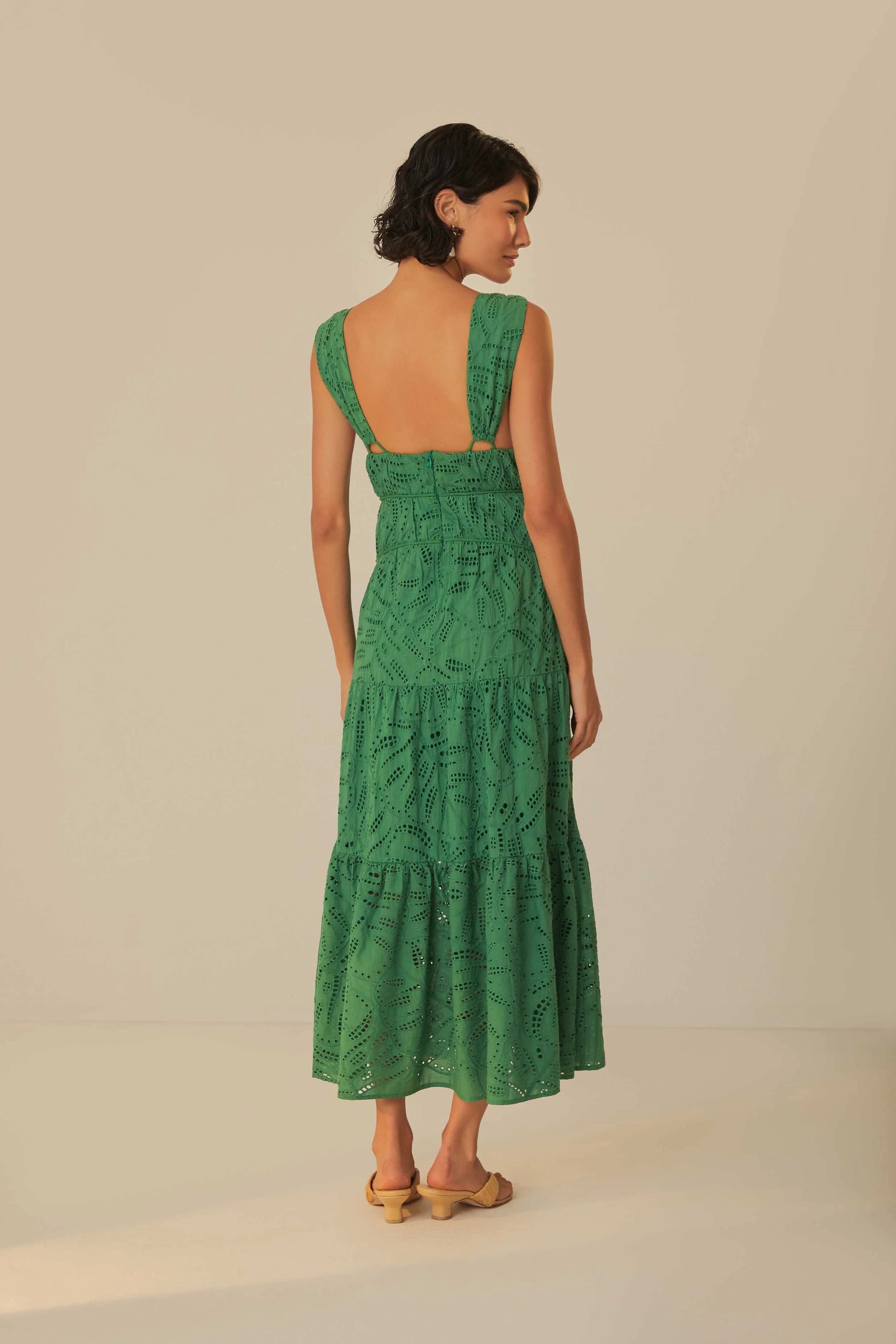 Green Monstera Corset Eyelet Maxi Dress