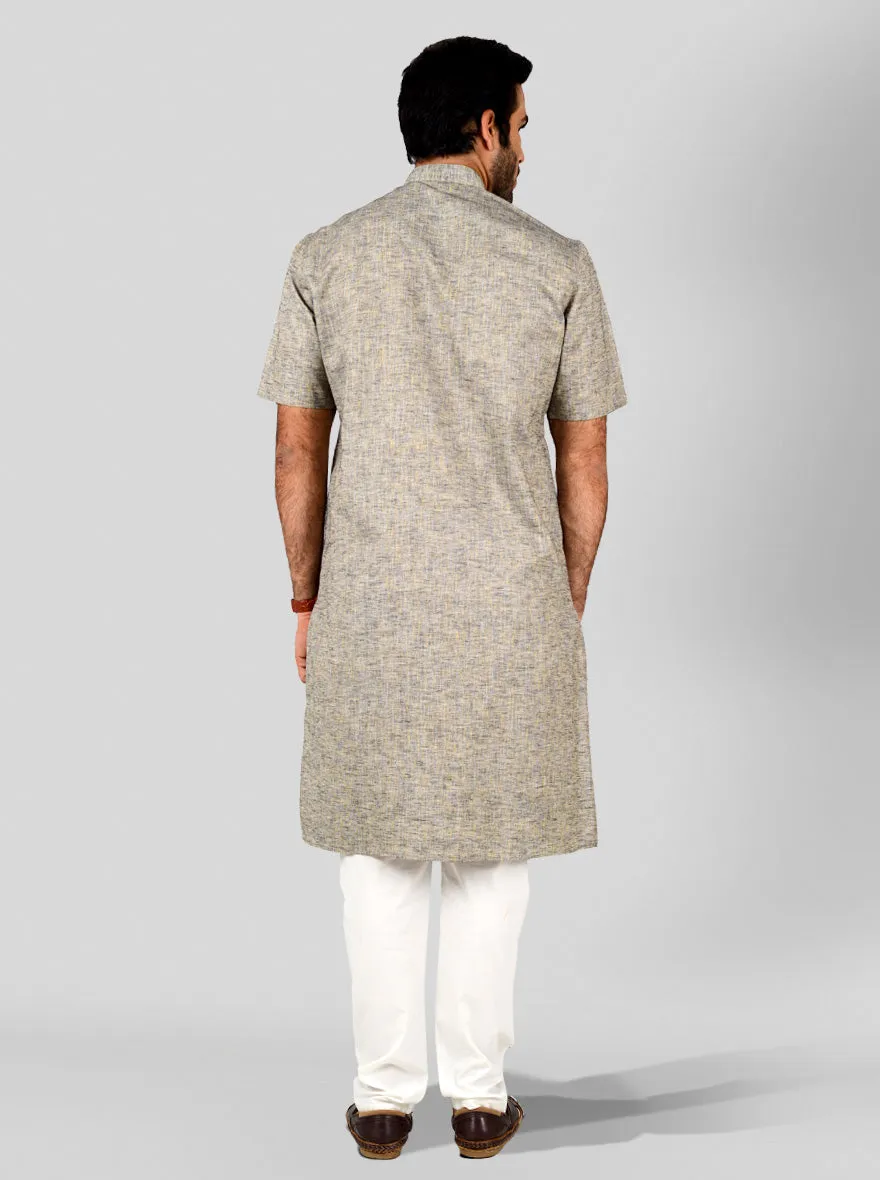 Grey & Blue Self Textured Regular Fit Modi Kurta | JadeBlue