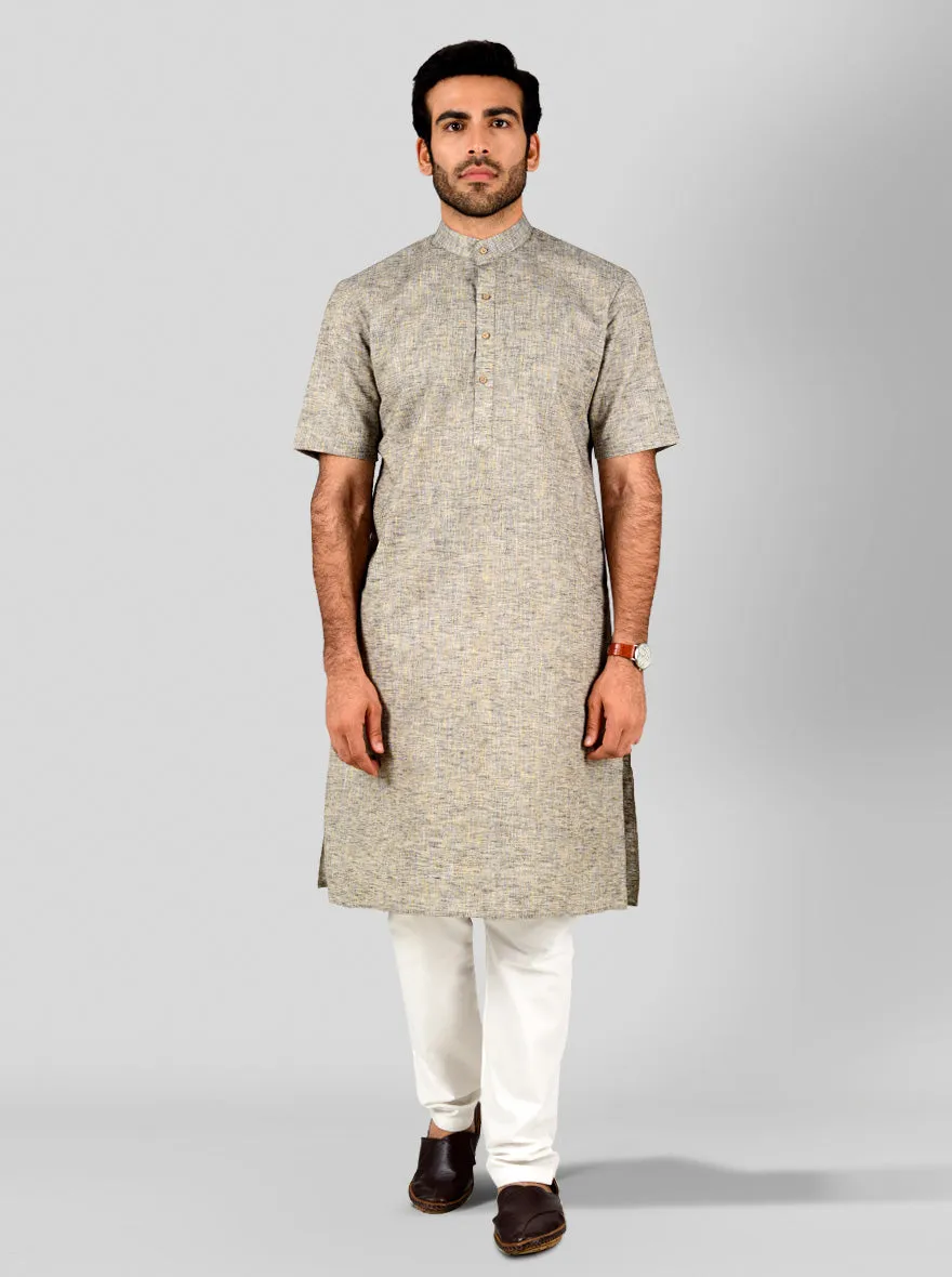 Grey & Blue Self Textured Regular Fit Modi Kurta | JadeBlue