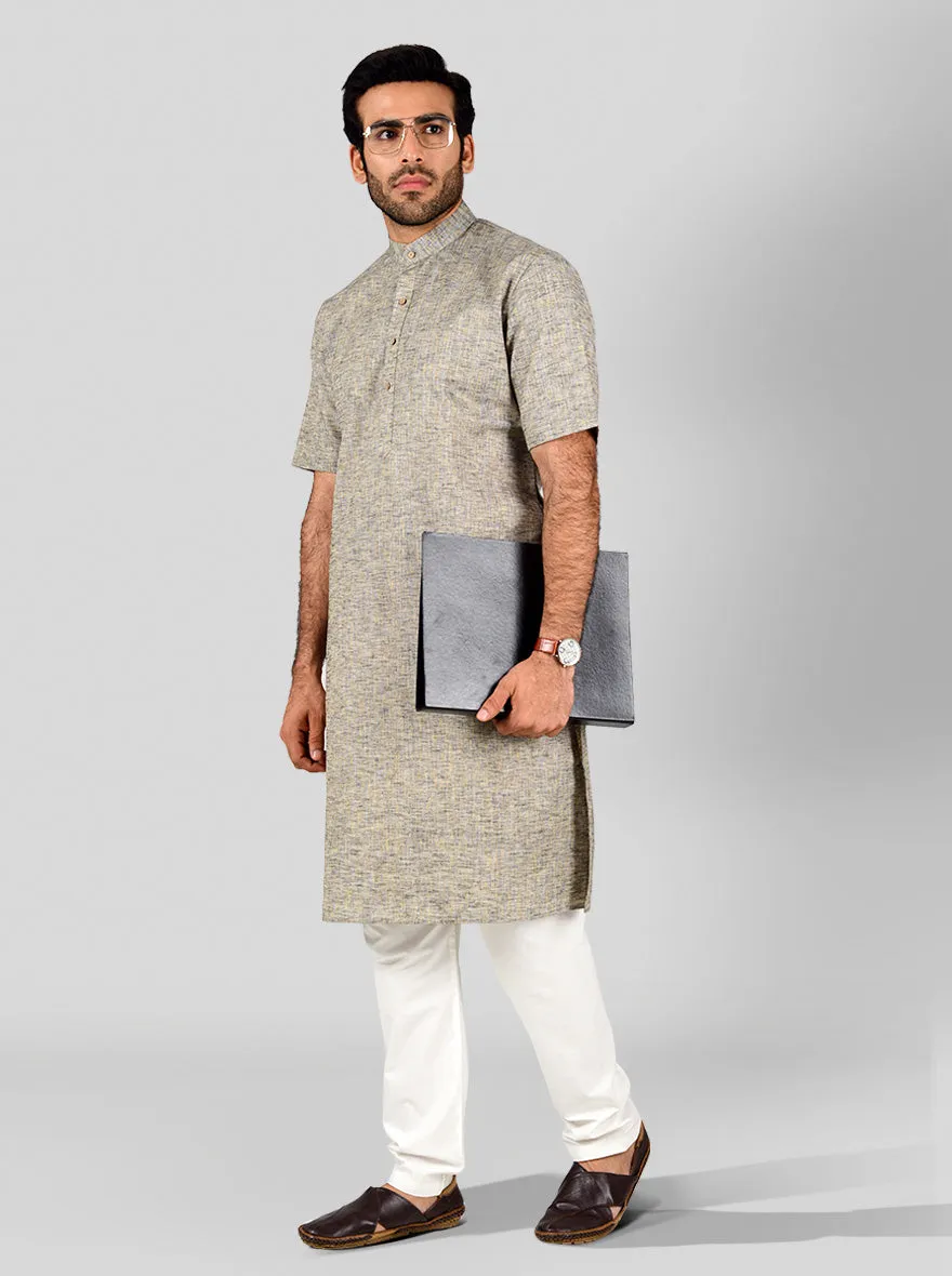 Grey & Blue Self Textured Regular Fit Modi Kurta | JadeBlue