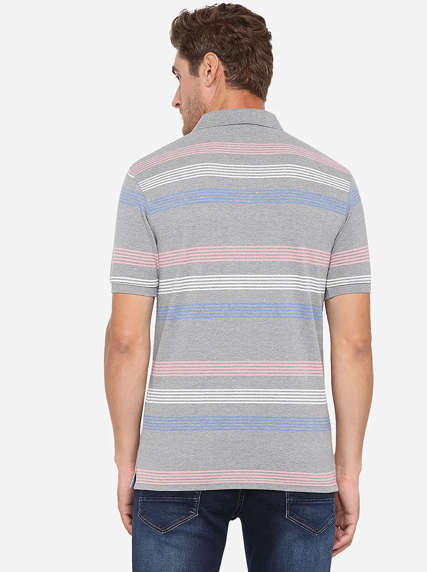 Grey Striped Slim Fit Polo T-Shirt | JadeBlue