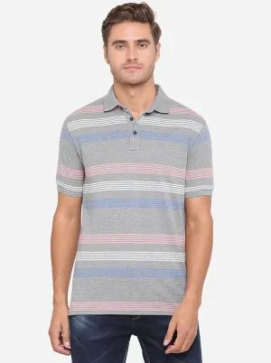 Grey Striped Slim Fit Polo T-Shirt | JadeBlue