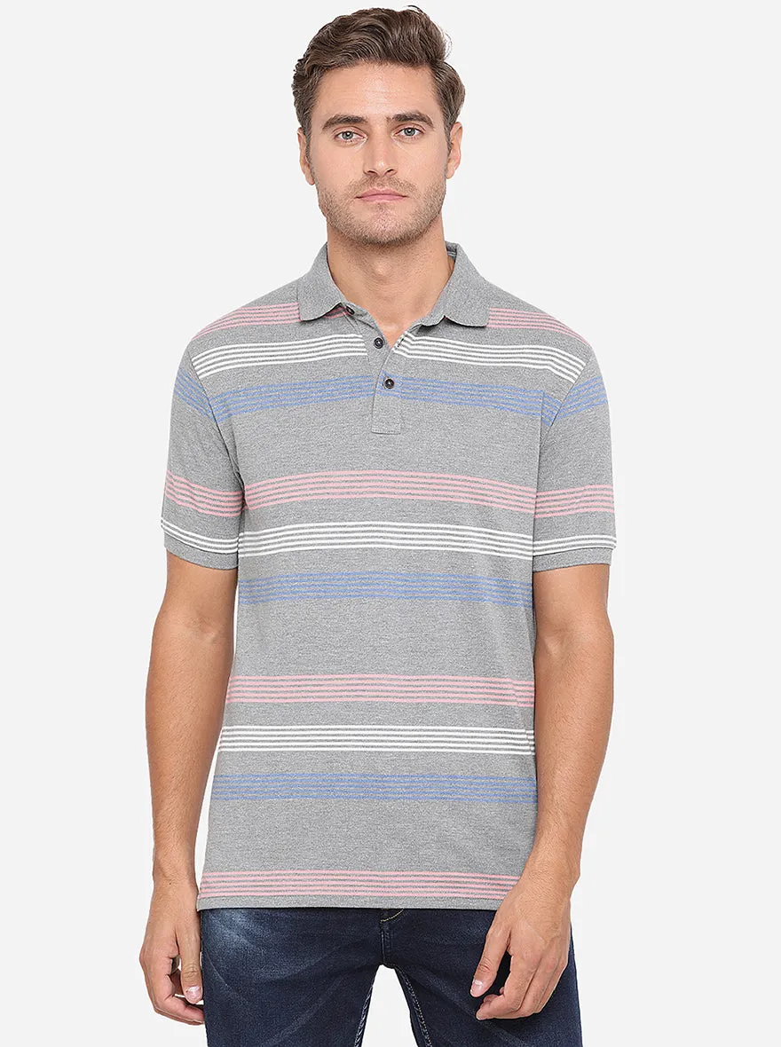 Grey Striped Slim Fit Polo T-Shirt | JadeBlue