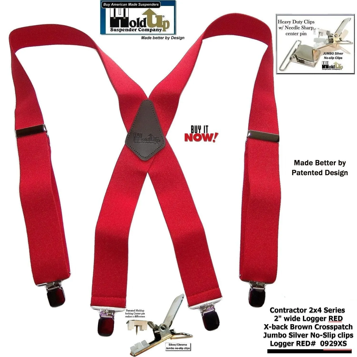 Heavy Duty Logger RED 2" Wide Holdup X-back Suspenders with USA Patented Jumbo Silver-tone No-Slip Clips