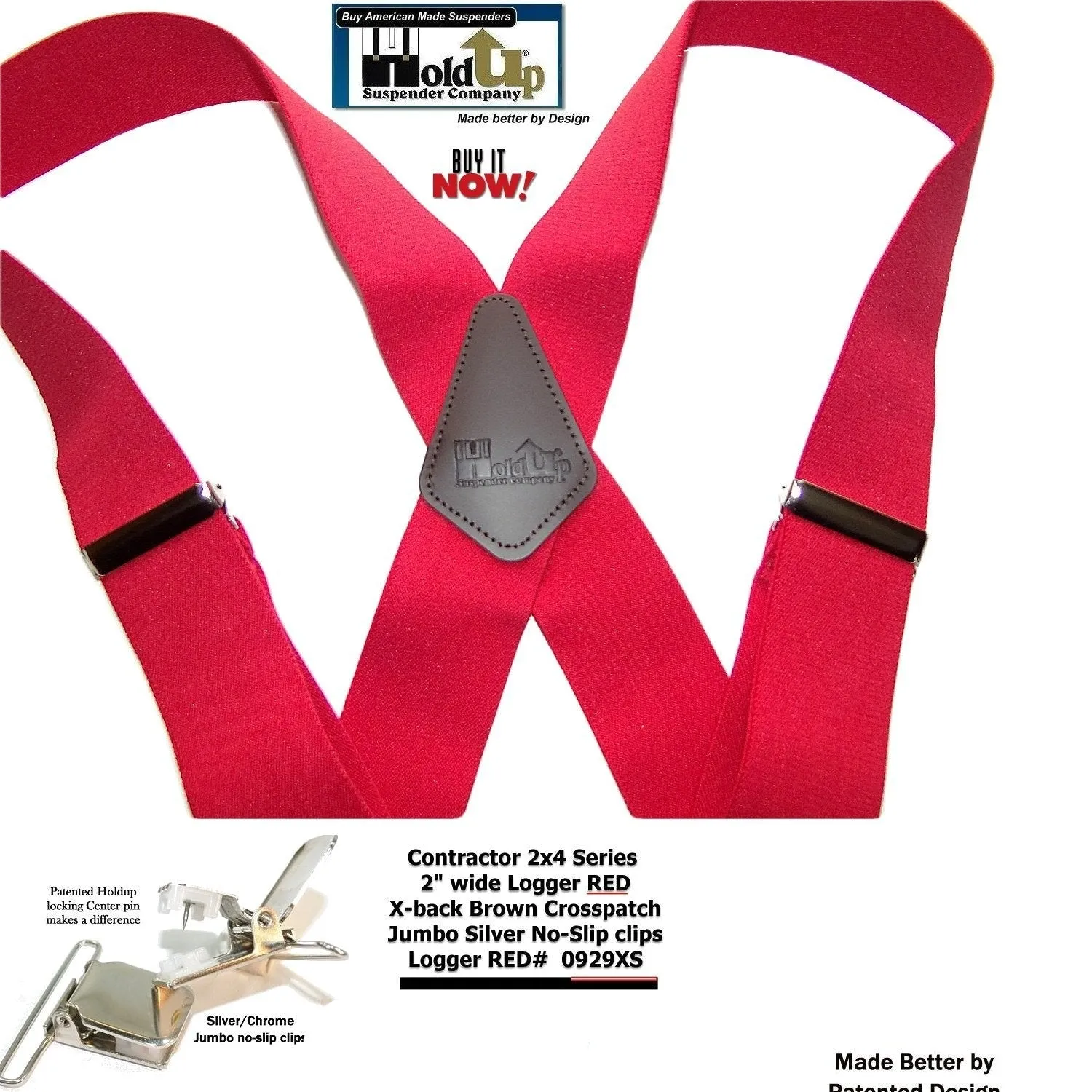 Heavy Duty Logger RED 2" Wide Holdup X-back Suspenders with USA Patented Jumbo Silver-tone No-Slip Clips