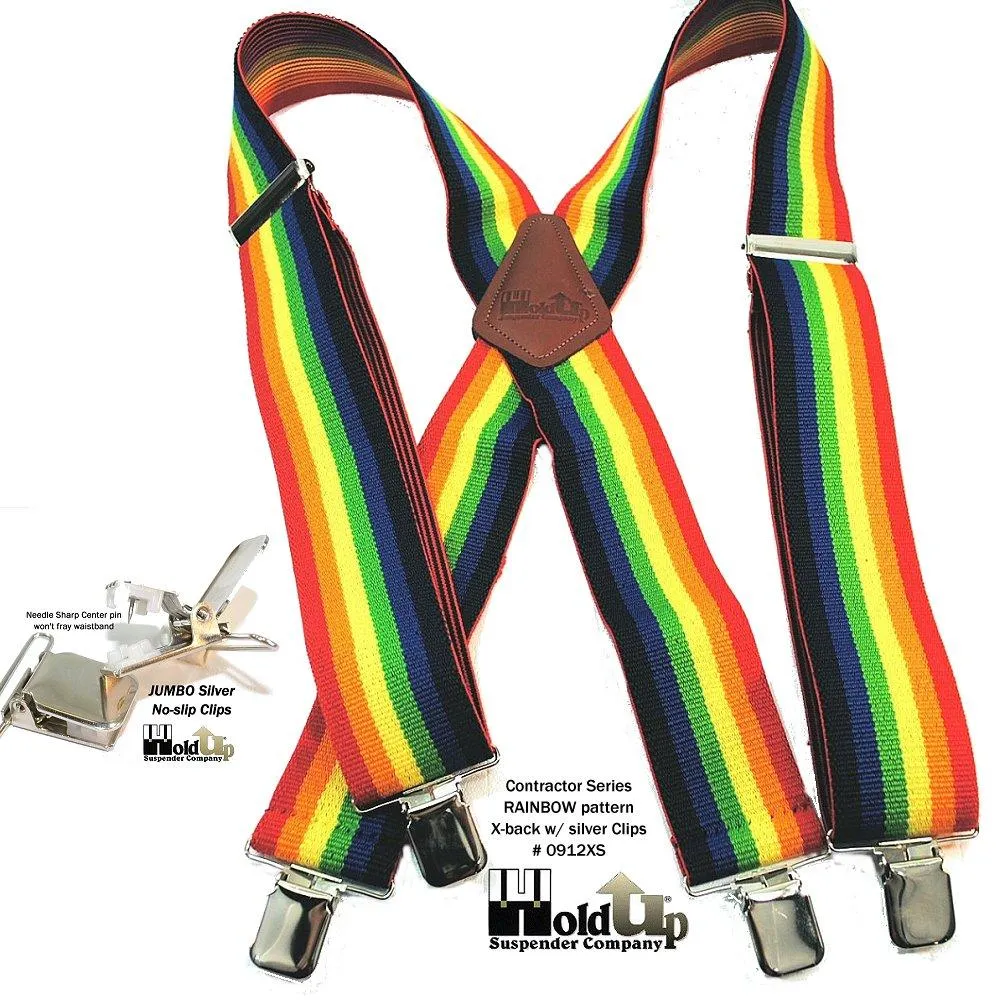 Holdup Rainbow of Colors wide work X-back Suspenders with USA Patented jumbo no-slip clips