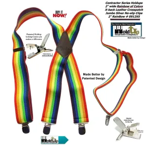 Holdup Rainbow of Colors wide work X-back Suspenders with USA Patented jumbo no-slip clips