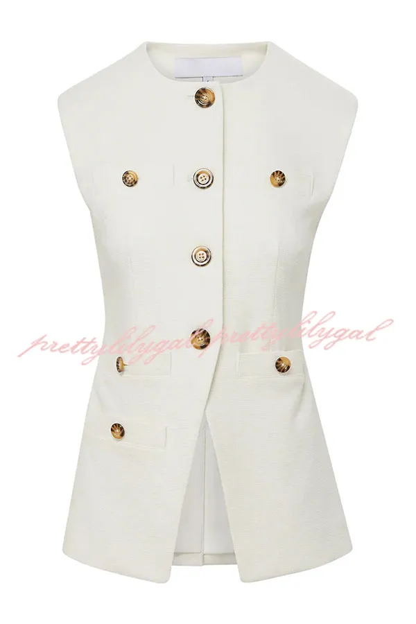 Impeccable Textured Fabric Button Up Princess Seams Vest Top