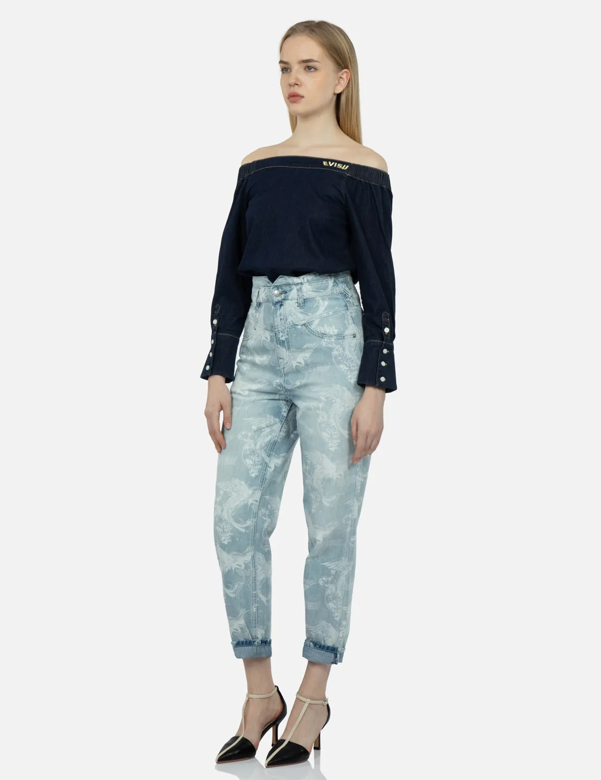 Laser-Print Allover Peacock Denim Taper Jeans