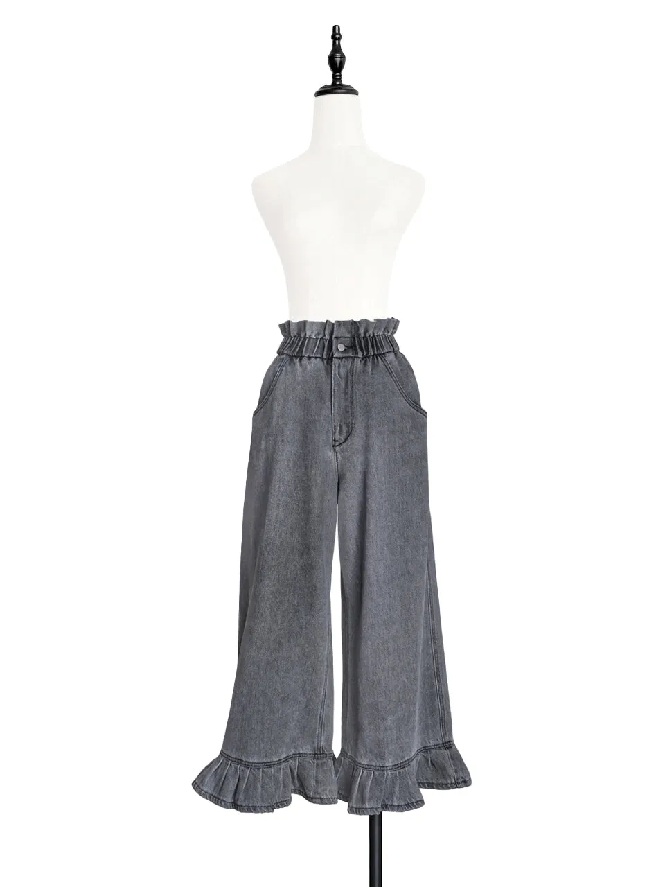 Last Chance! Washed Black Paperbag Waist Ruffle Hem Wide Leg Jeans