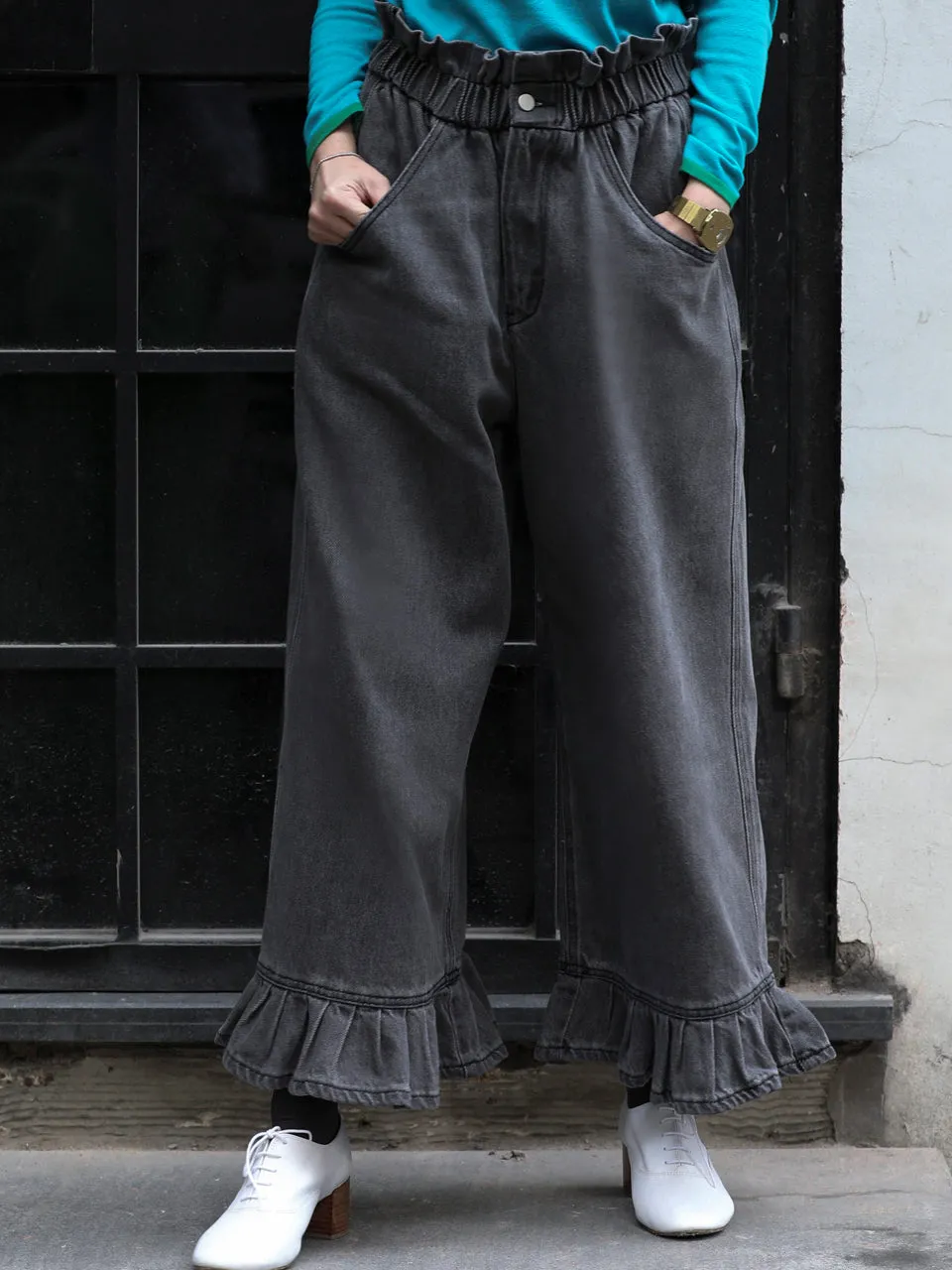 Last Chance! Washed Black Paperbag Waist Ruffle Hem Wide Leg Jeans