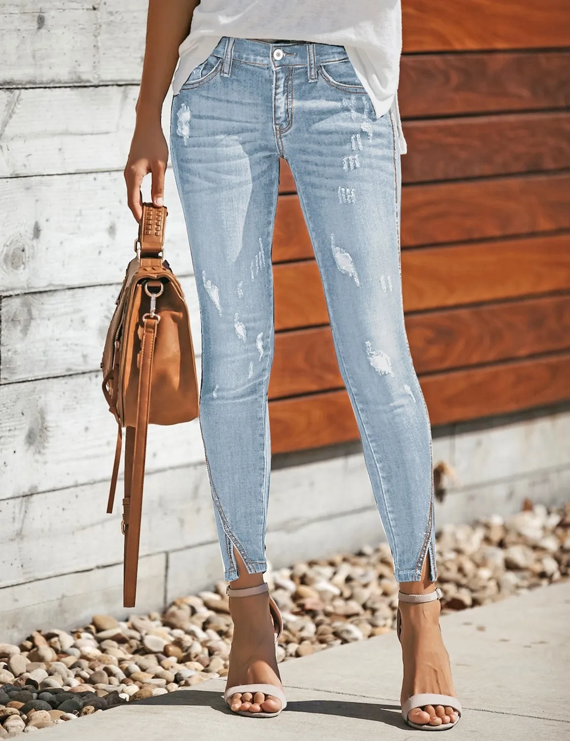 Light Blue Split-Hem Ripped Skinny Denim Jeans