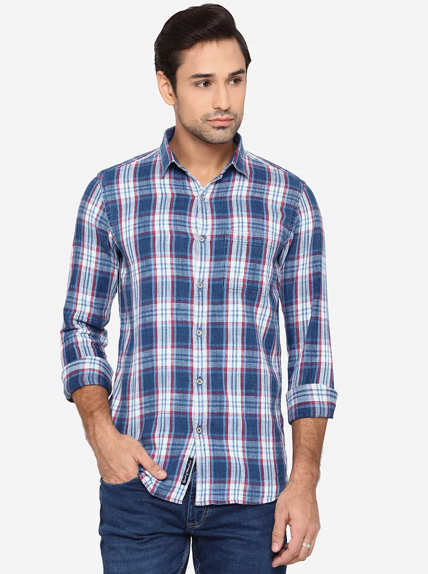 Light Indigo Blue Checked Slim Fit Semi Casual Shirt | JadeBlue