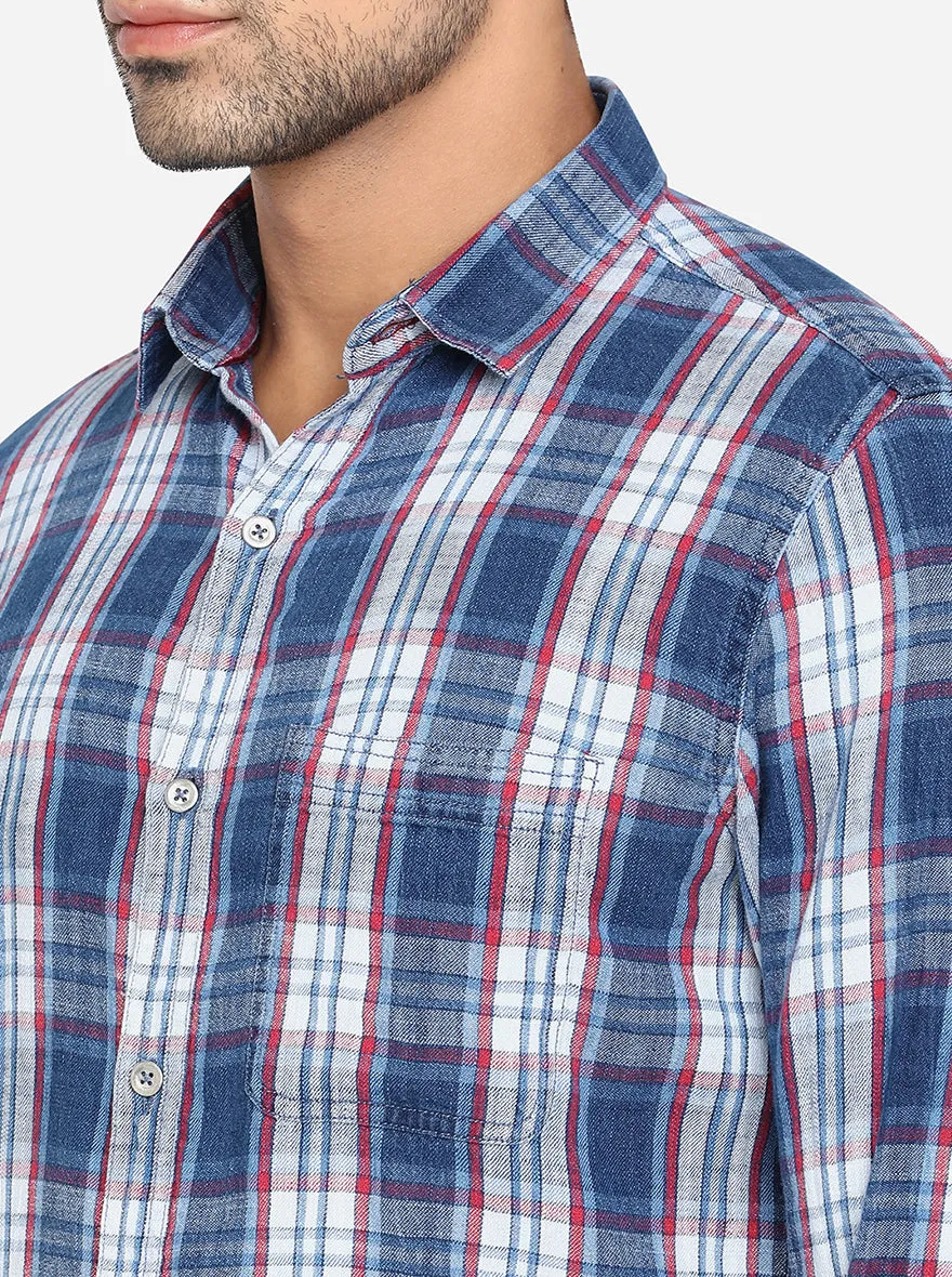 Light Indigo Blue Checked Slim Fit Semi Casual Shirt | JadeBlue