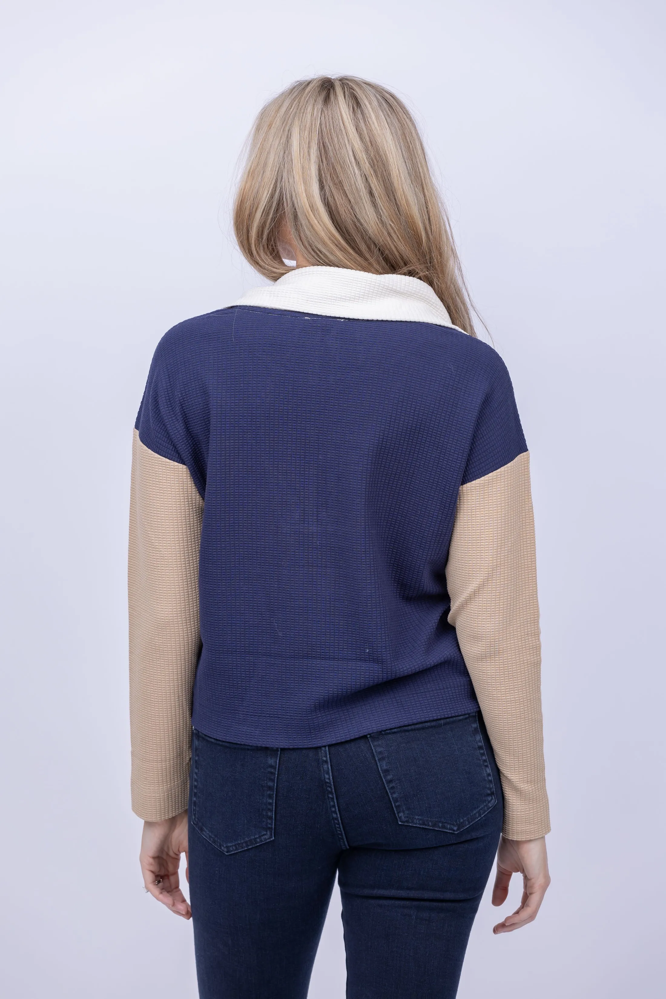 Lilla P Colorblock Waffle Half Zip Top in Navy