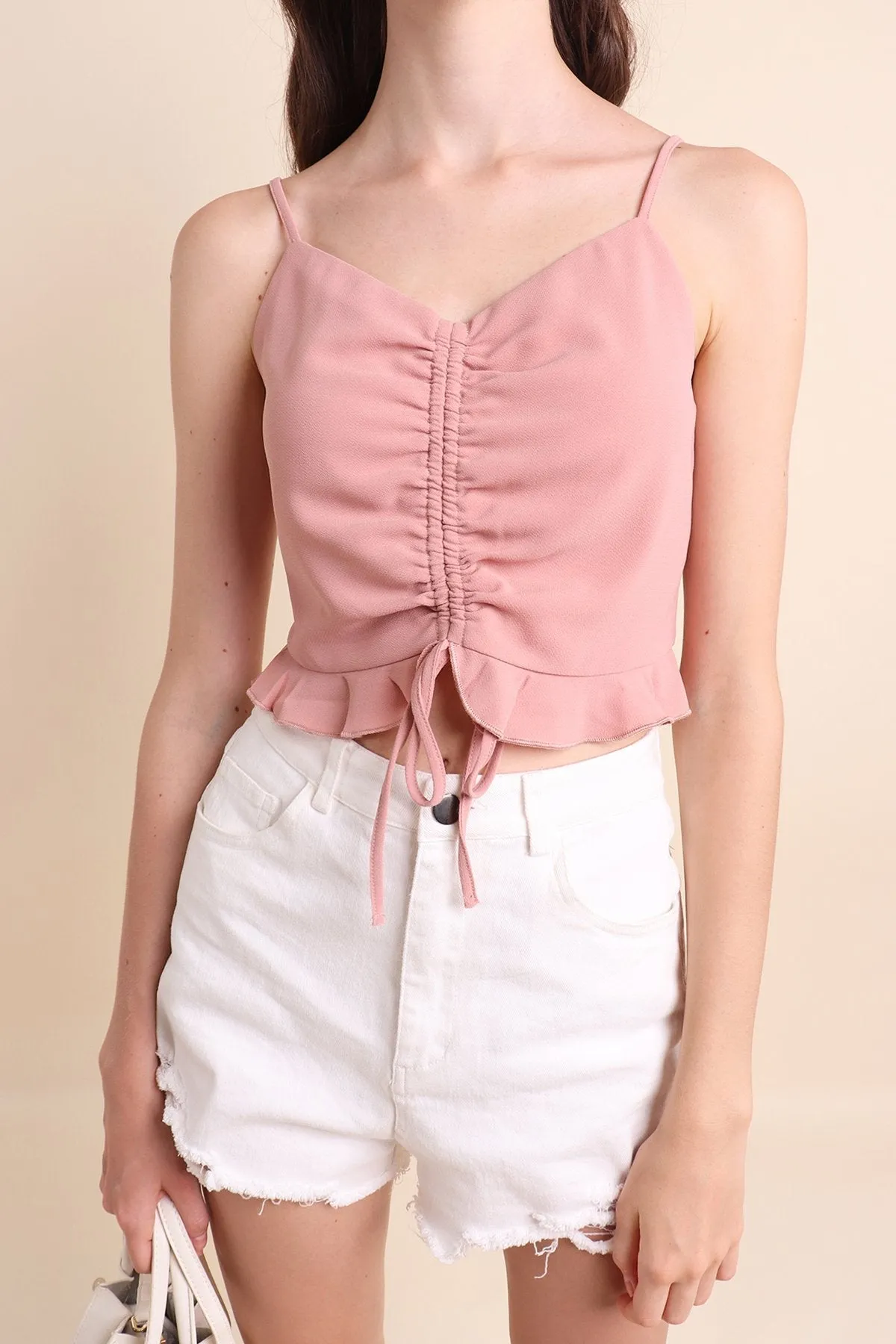 MADEBYNM AUDREY RUCHED PEPLUM TOP IN FROST ROSE