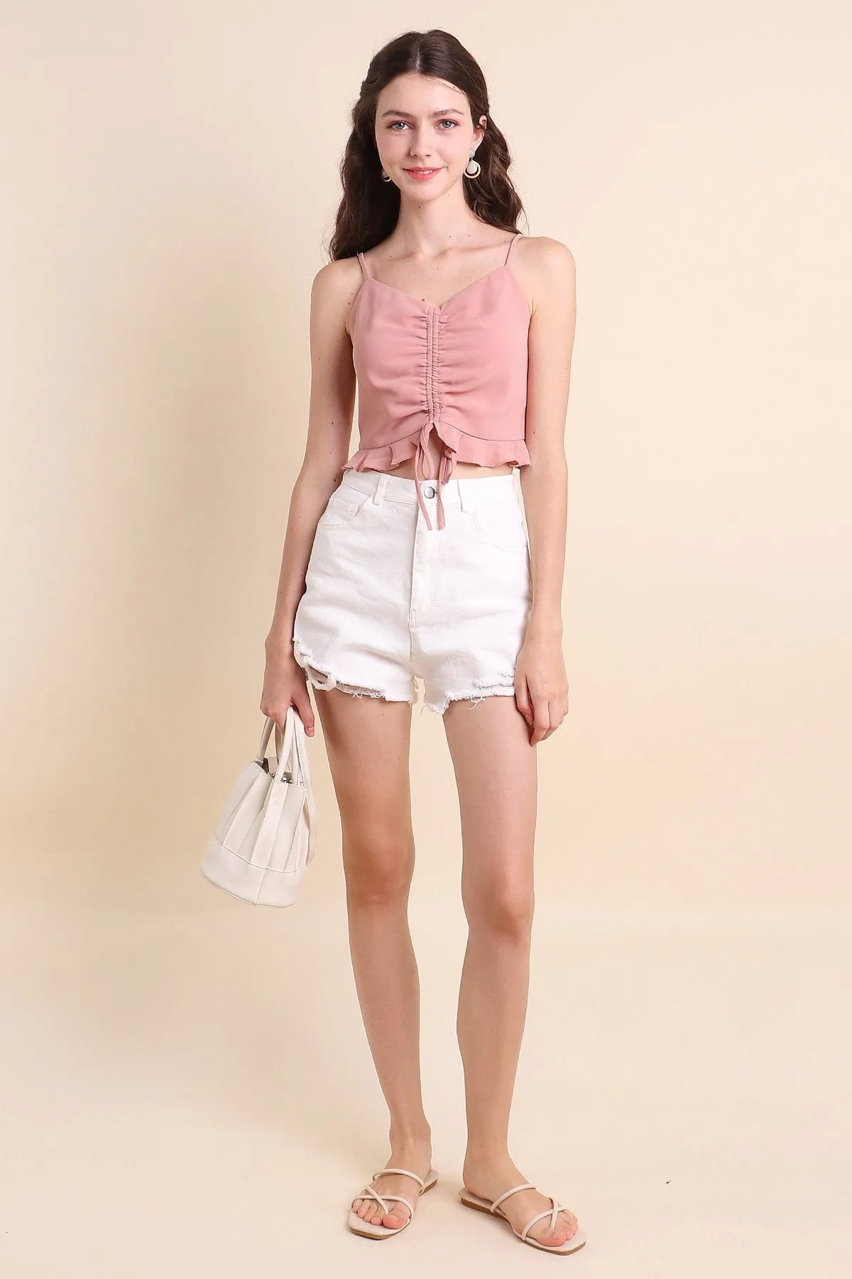 MADEBYNM AUDREY RUCHED PEPLUM TOP IN FROST ROSE