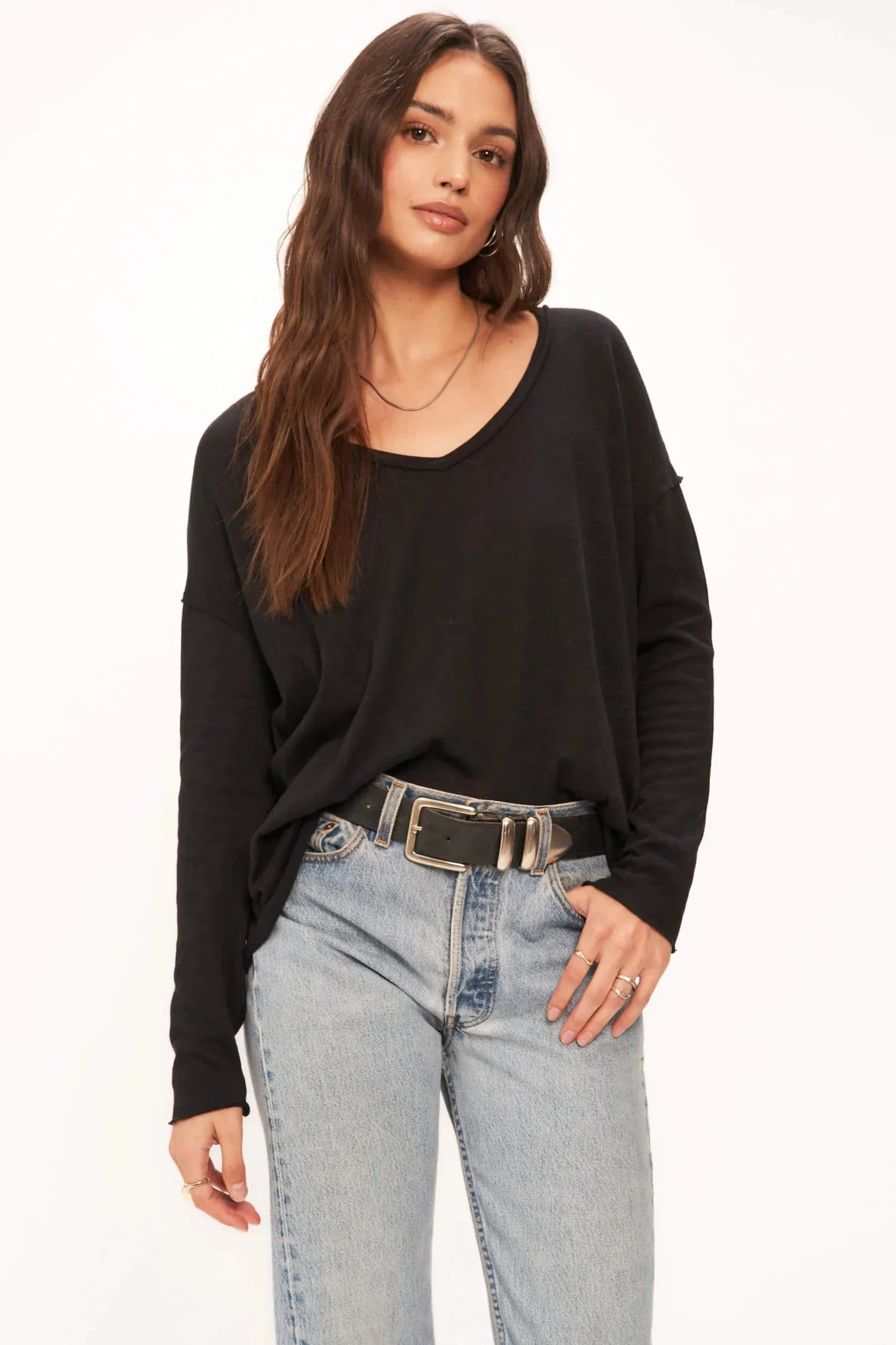 Mae Textured Relaxed V Neck L/S - Black