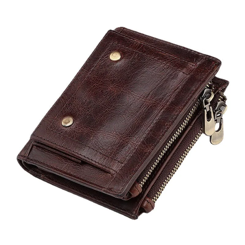 Men Genuine Leather RFID Anti-theft Double Zipper Retro Business Multi Card Slot Leather Card Holder Wallet