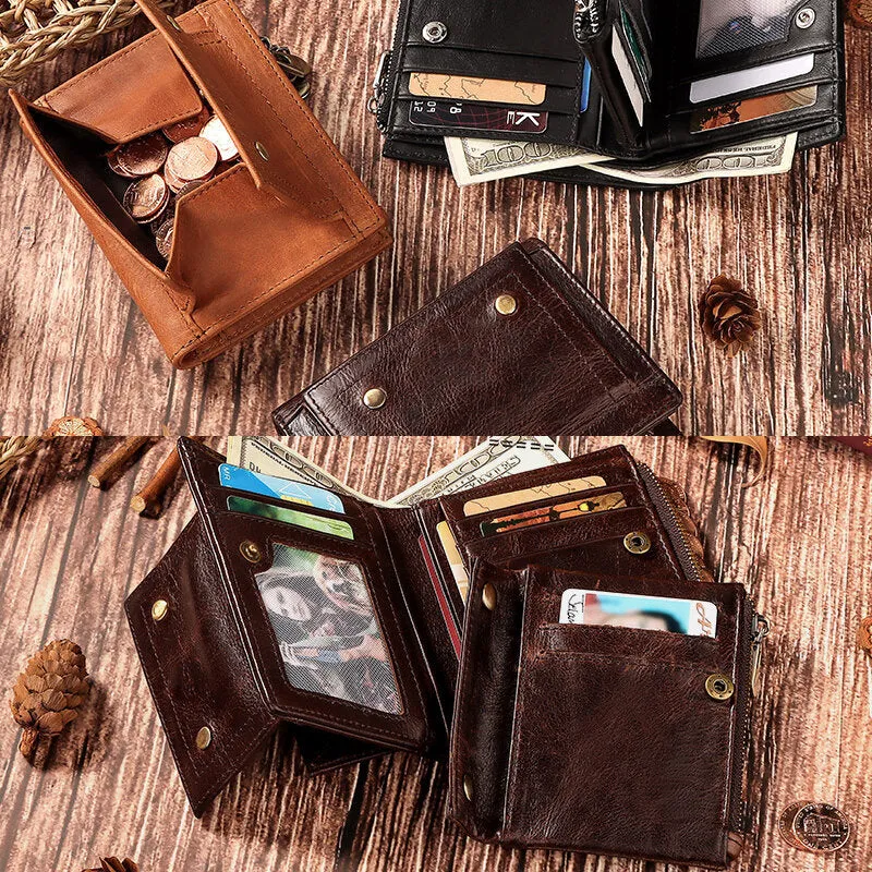 Men Genuine Leather RFID Anti-theft Double Zipper Retro Business Multi Card Slot Leather Card Holder Wallet