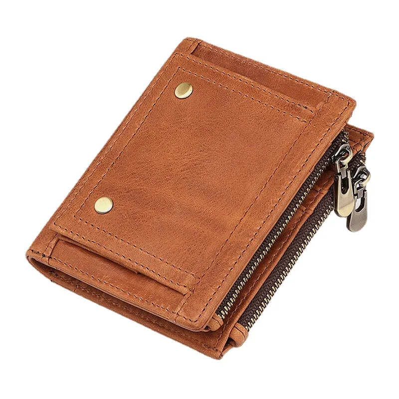 Men Genuine Leather RFID Anti-theft Double Zipper Retro Business Multi Card Slot Leather Card Holder Wallet