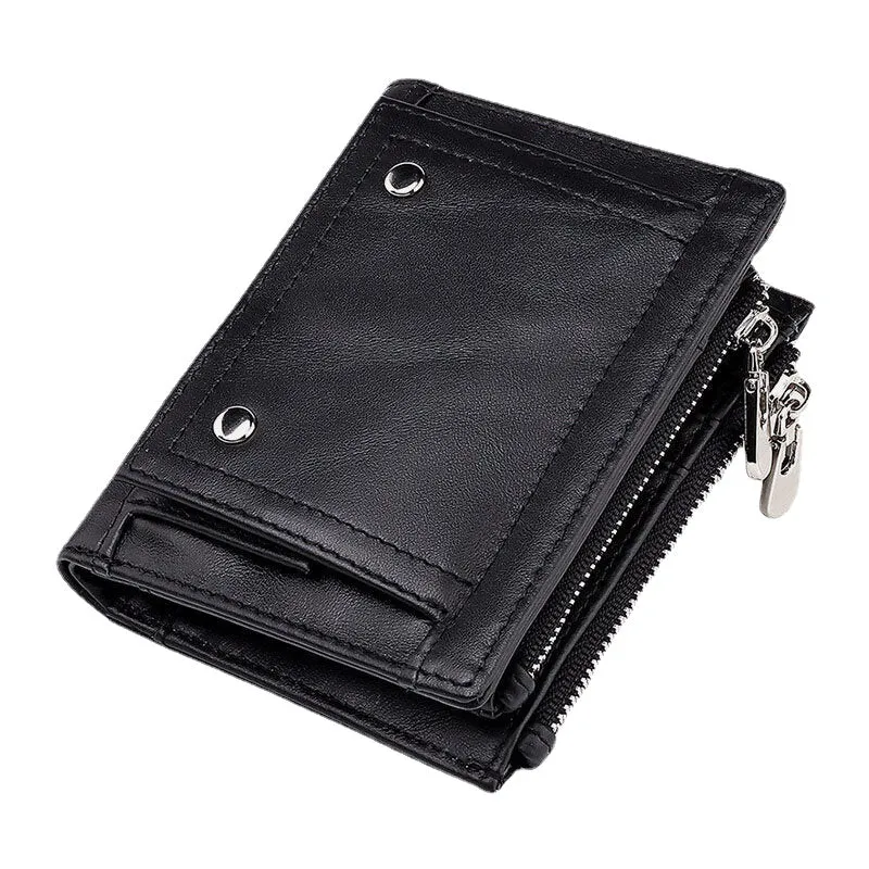 Men Genuine Leather RFID Anti-theft Double Zipper Retro Business Multi Card Slot Leather Card Holder Wallet