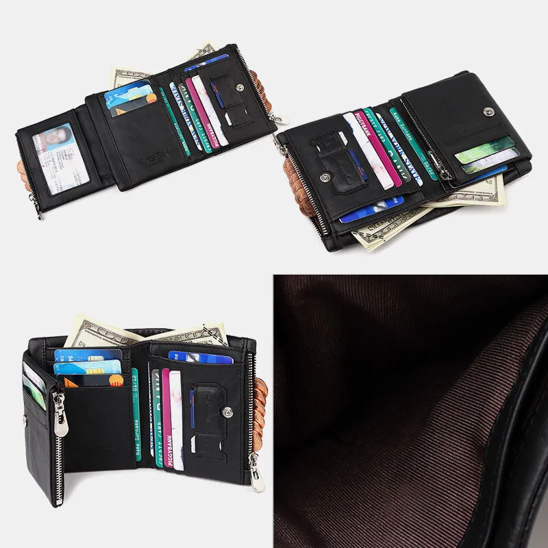 Men Genuine Leather RFID Anti-theft Zipper Multi-slot Card Holder Wallet