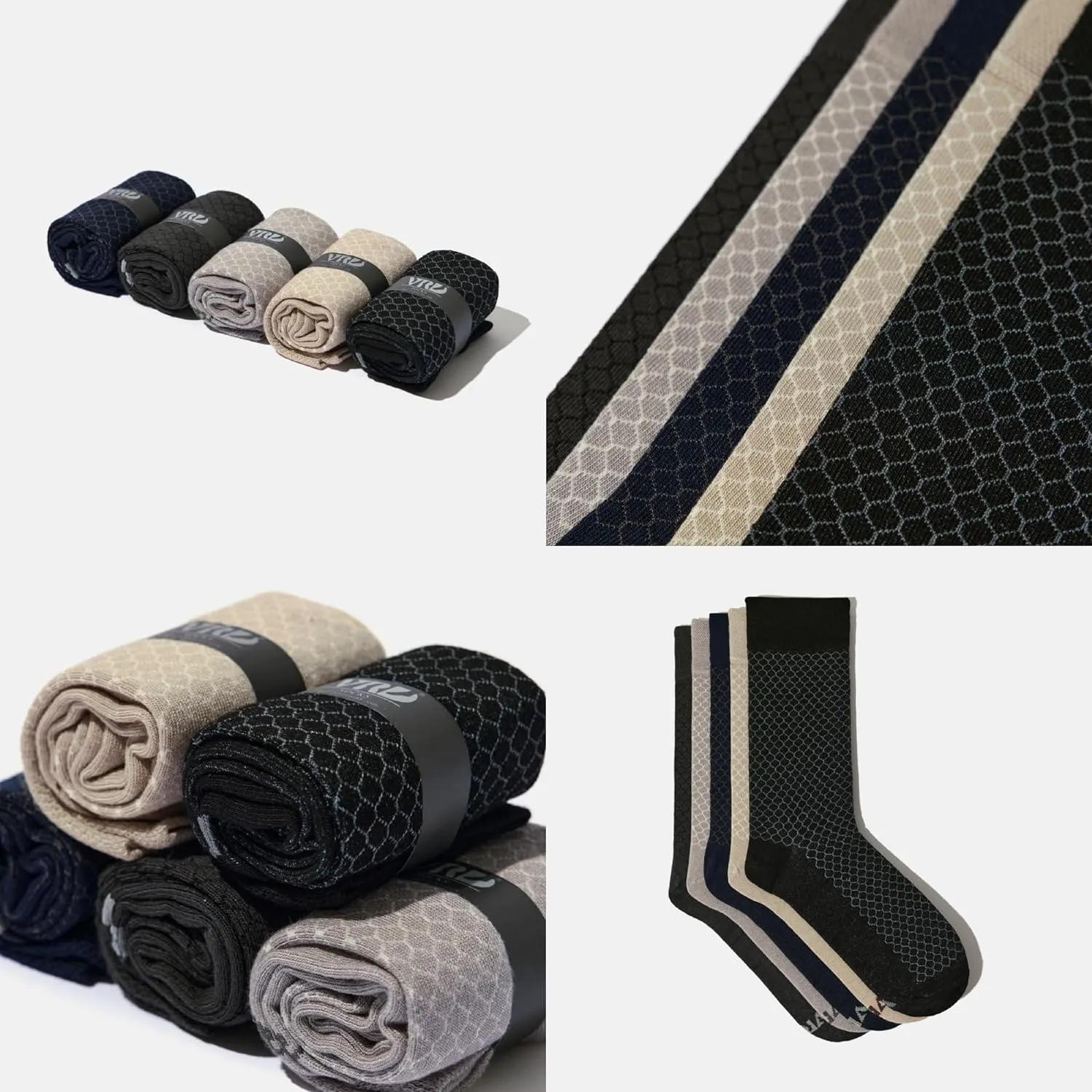 Men’s Bamboo Dress Socks - 5 Pairs, Assorted Honeycomb Design