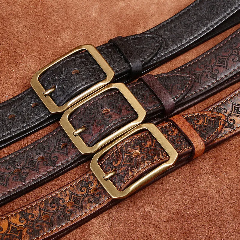 Men's Carving Strap Luxury Brass Buckle Leather Belt