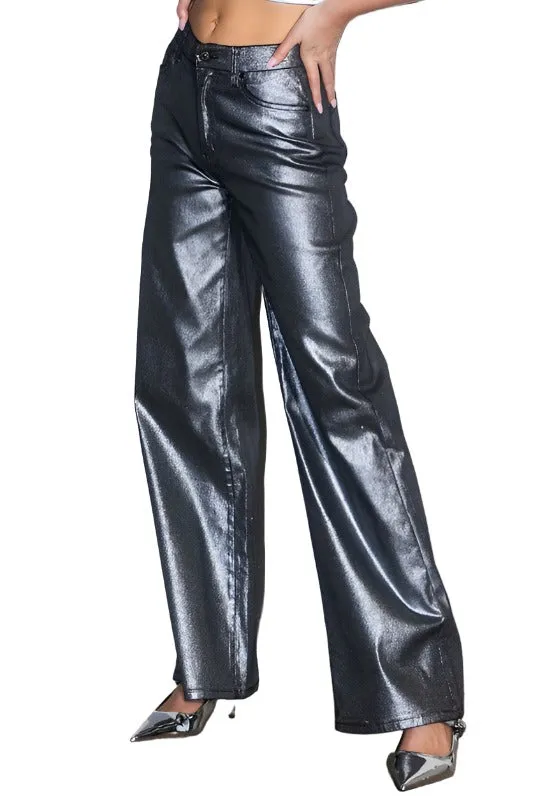 Metallic High Rise Wide Jeans