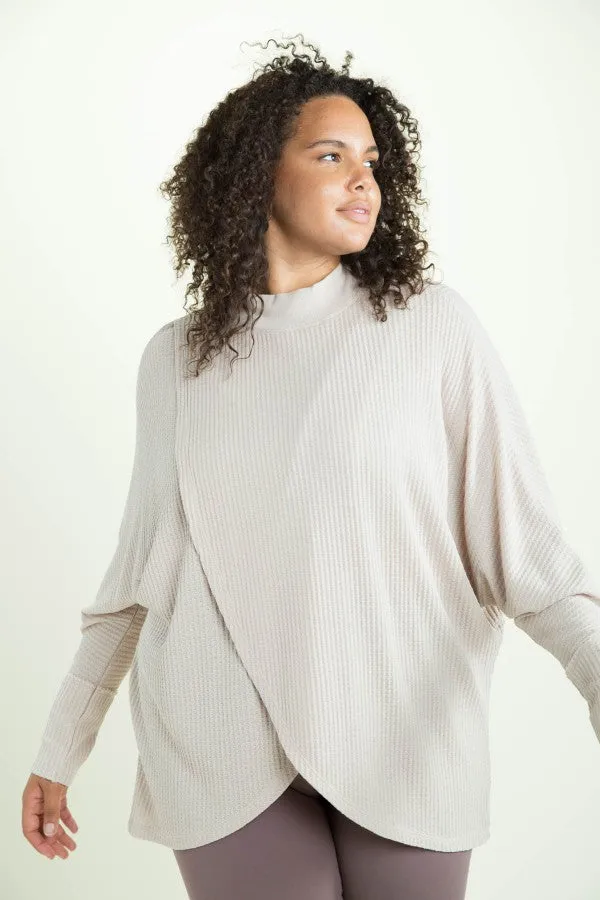 Mock Neck Overlay Waffled Top - NATURAL