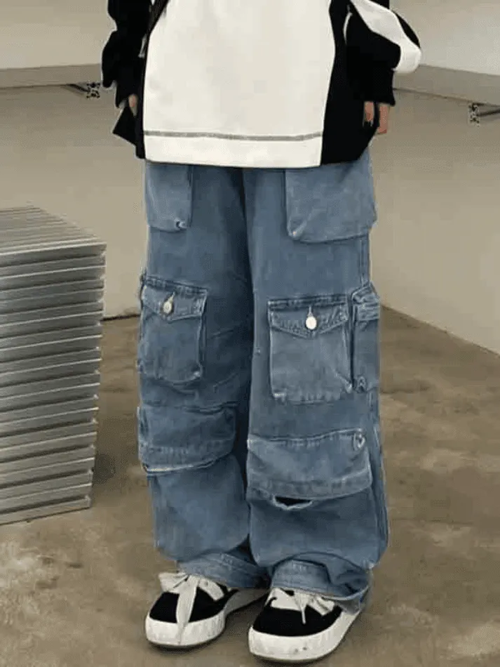 Multiple Pocket Washed Cargo Boyfriend Jeans