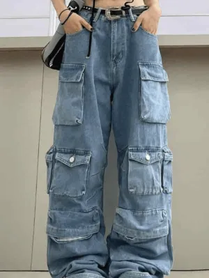 Multiple Pocket Washed Cargo Boyfriend Jeans