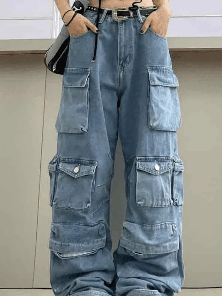 Multiple Pocket Washed Cargo Boyfriend Jeans