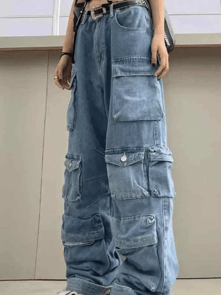 Multiple Pocket Washed Cargo Boyfriend Jeans