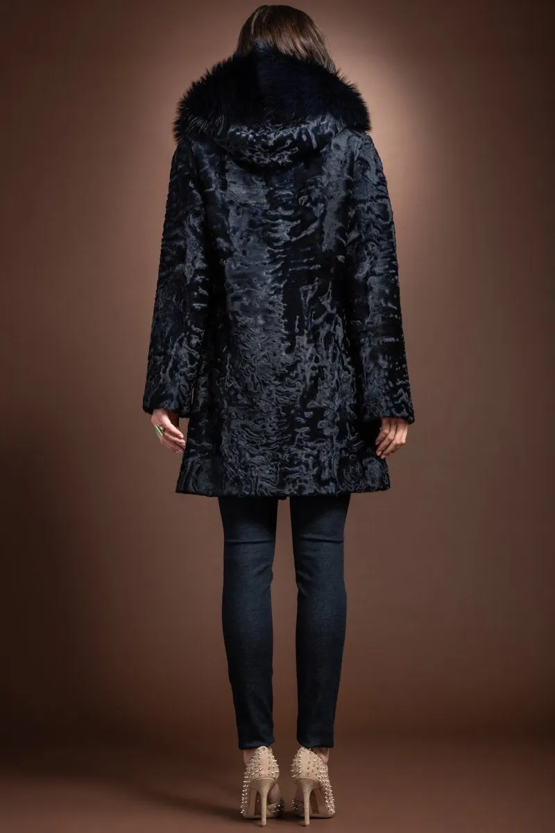 Navy Blue Hooded Fox Fur Trimmed A-Line Mid Length Karakul Fur Coat