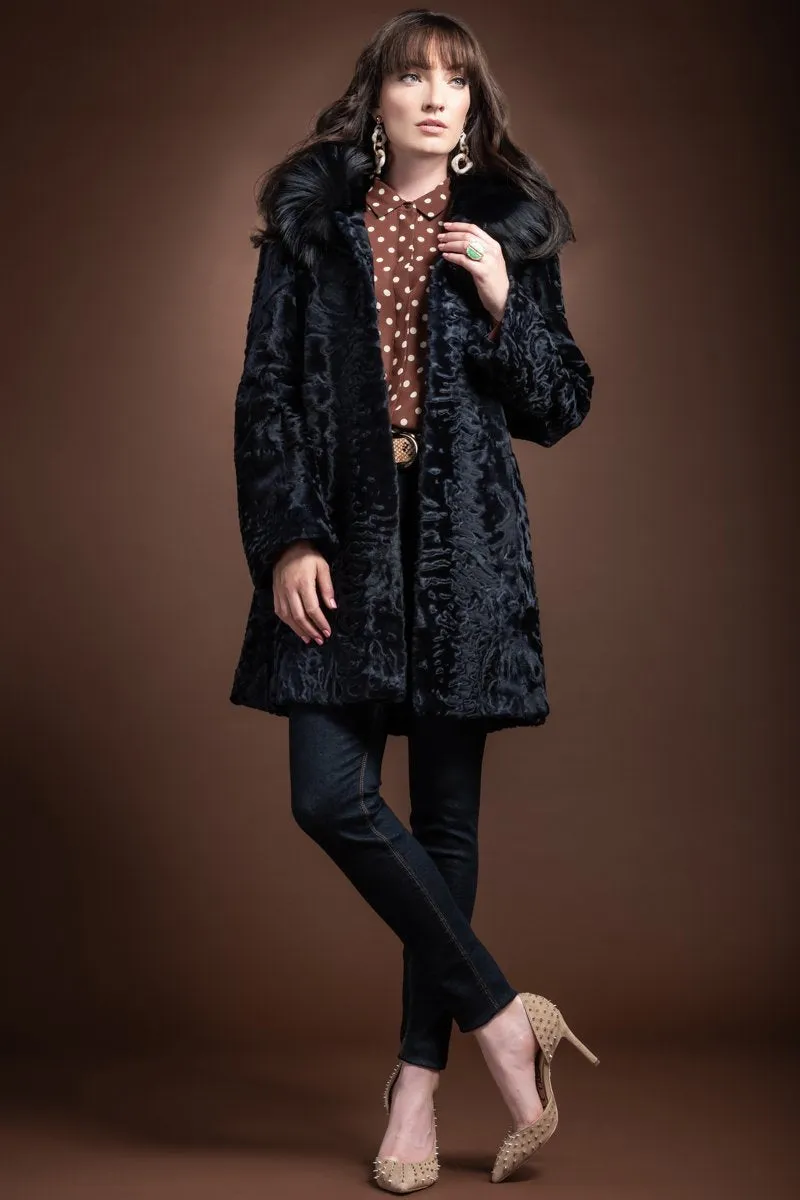 Navy Blue Hooded Fox Fur Trimmed A-Line Mid Length Karakul Fur Coat