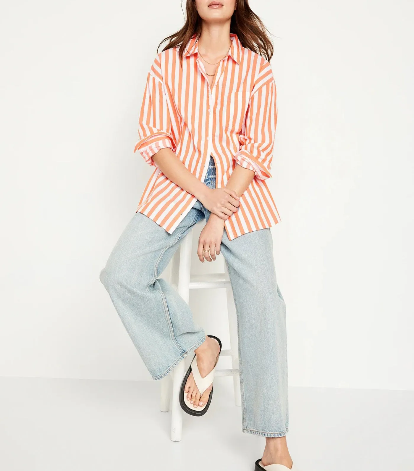 Oversized Poplin Boyfriend Shirt For Women Orange Stripe