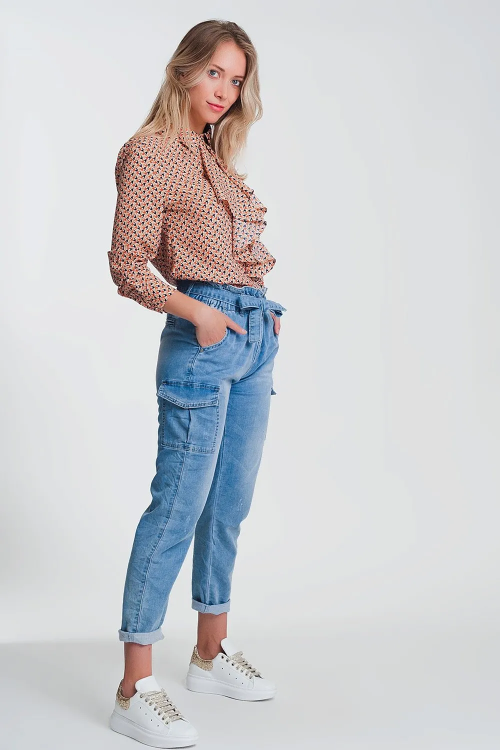 Paperbag Tie Waist Jeans in Light Blue