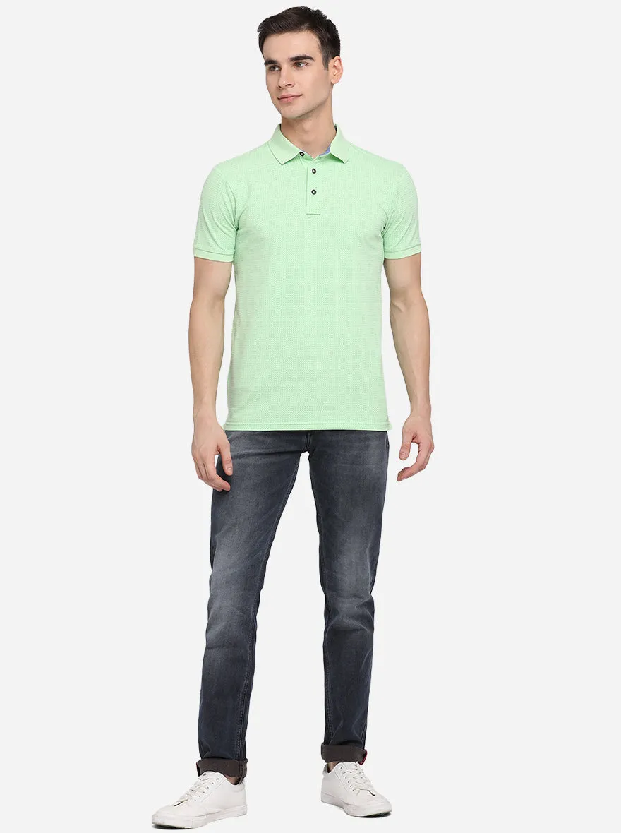 Pastel Green Printed Slim Fit Polo T-Shirt | JadeBlue