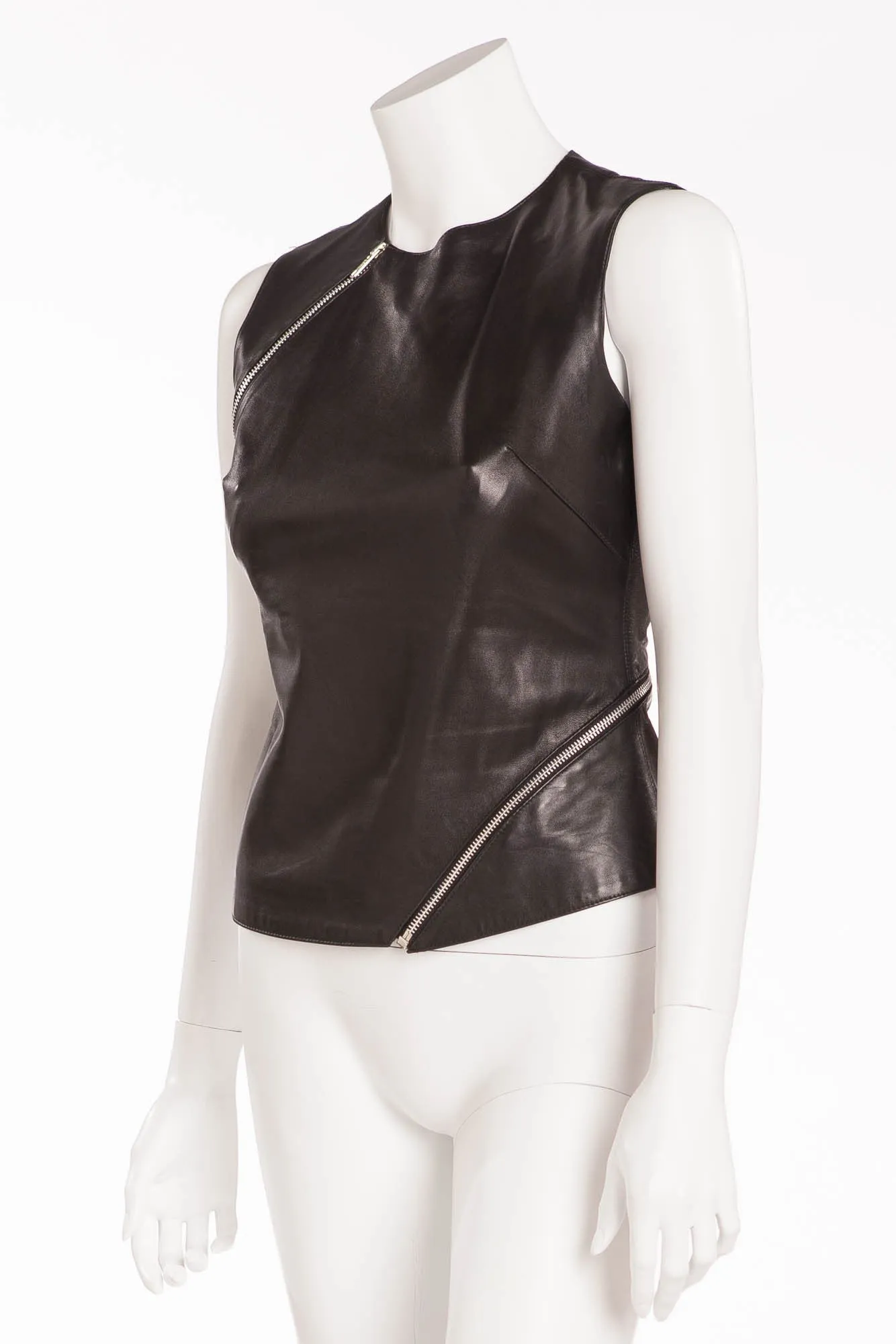 Plein Sud - Black Leather Tank Top with Silver Zippers