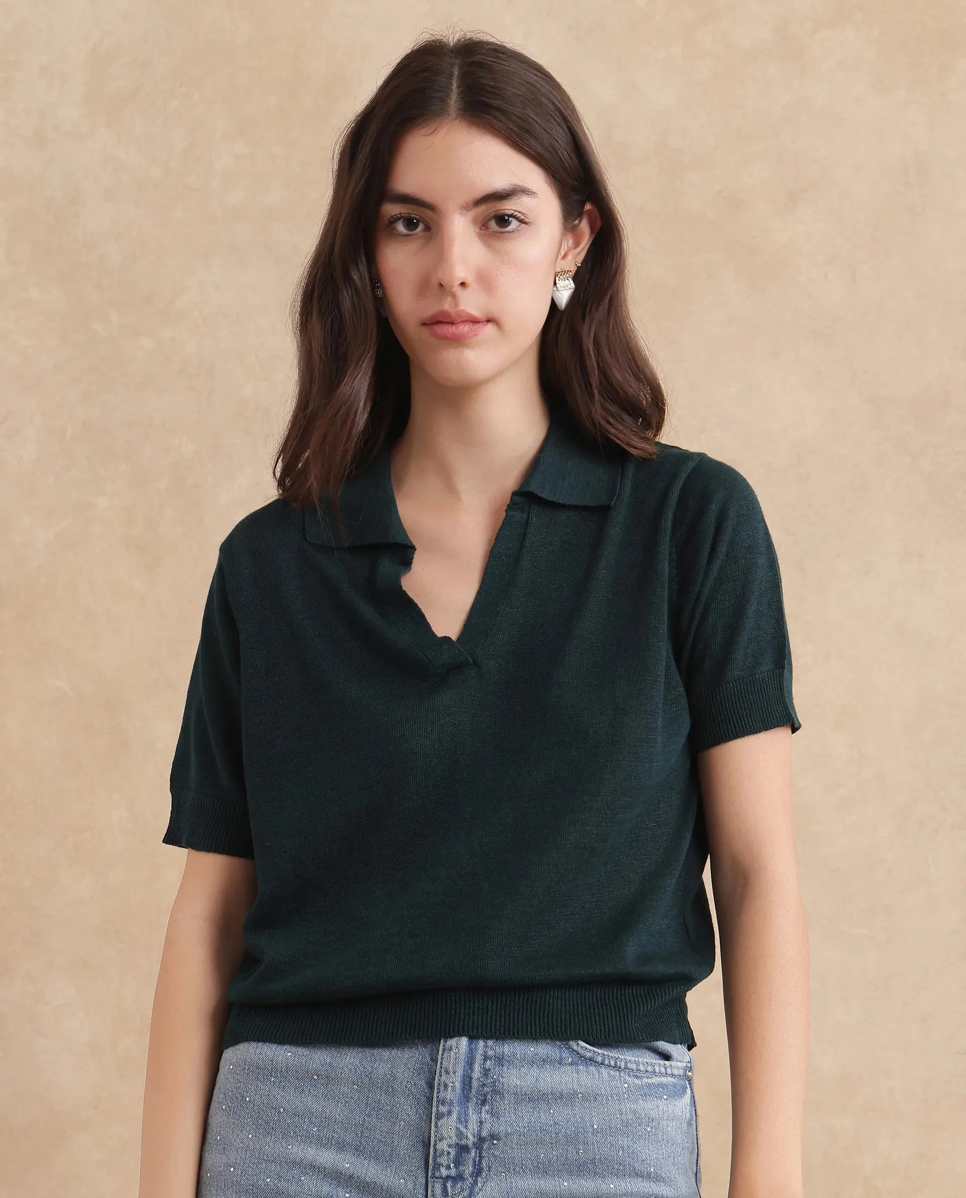 Rareism Women Basel Green Cotton Linen Fabric Short Sleeve Polo Collar Plain Polo