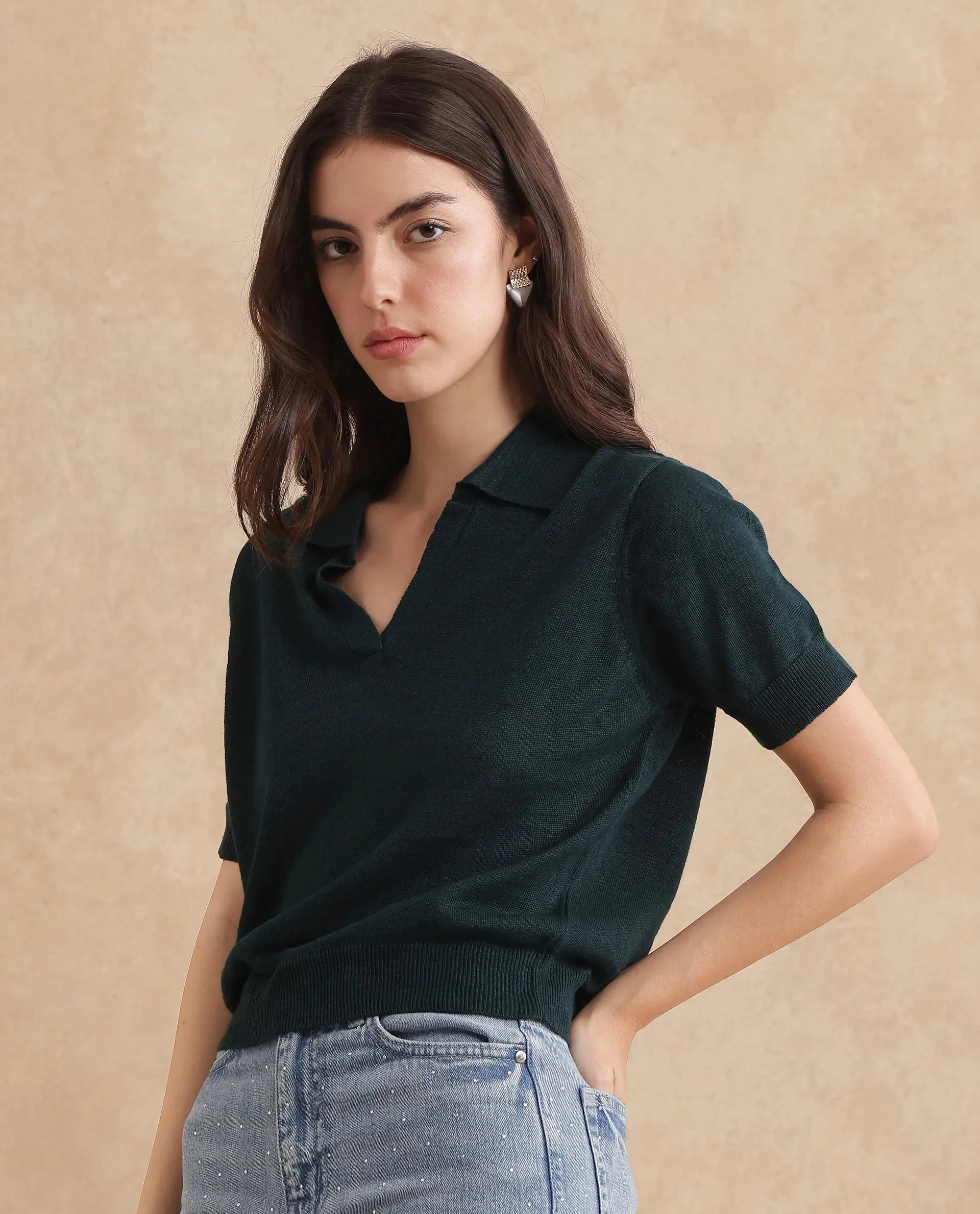 Rareism Women Basel Green Cotton Linen Fabric Short Sleeve Polo Collar Plain Polo