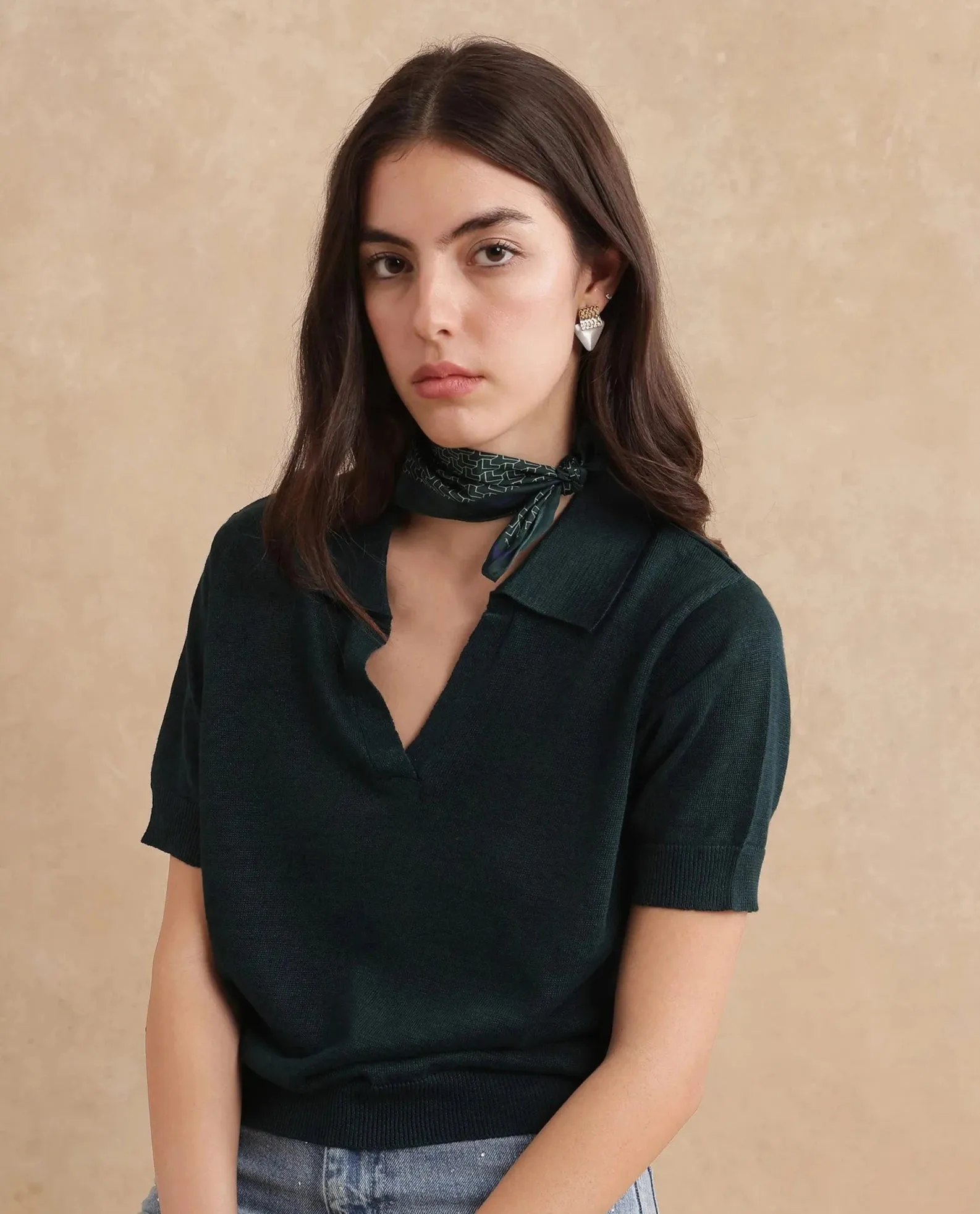 Rareism Women Basel Green Cotton Linen Fabric Short Sleeve Polo Collar Plain Polo