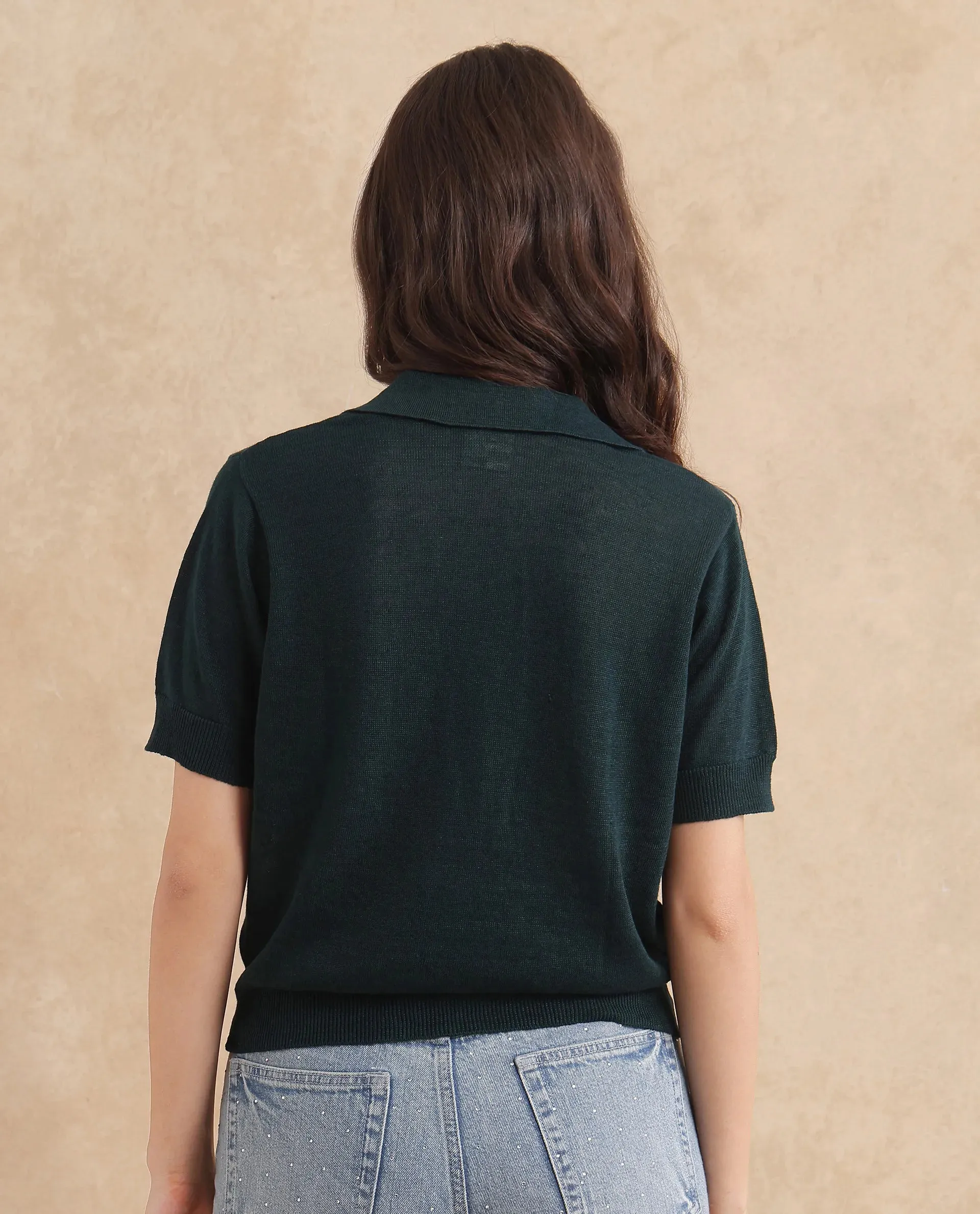 Rareism Women Basel Green Cotton Linen Fabric Short Sleeve Polo Collar Plain Polo