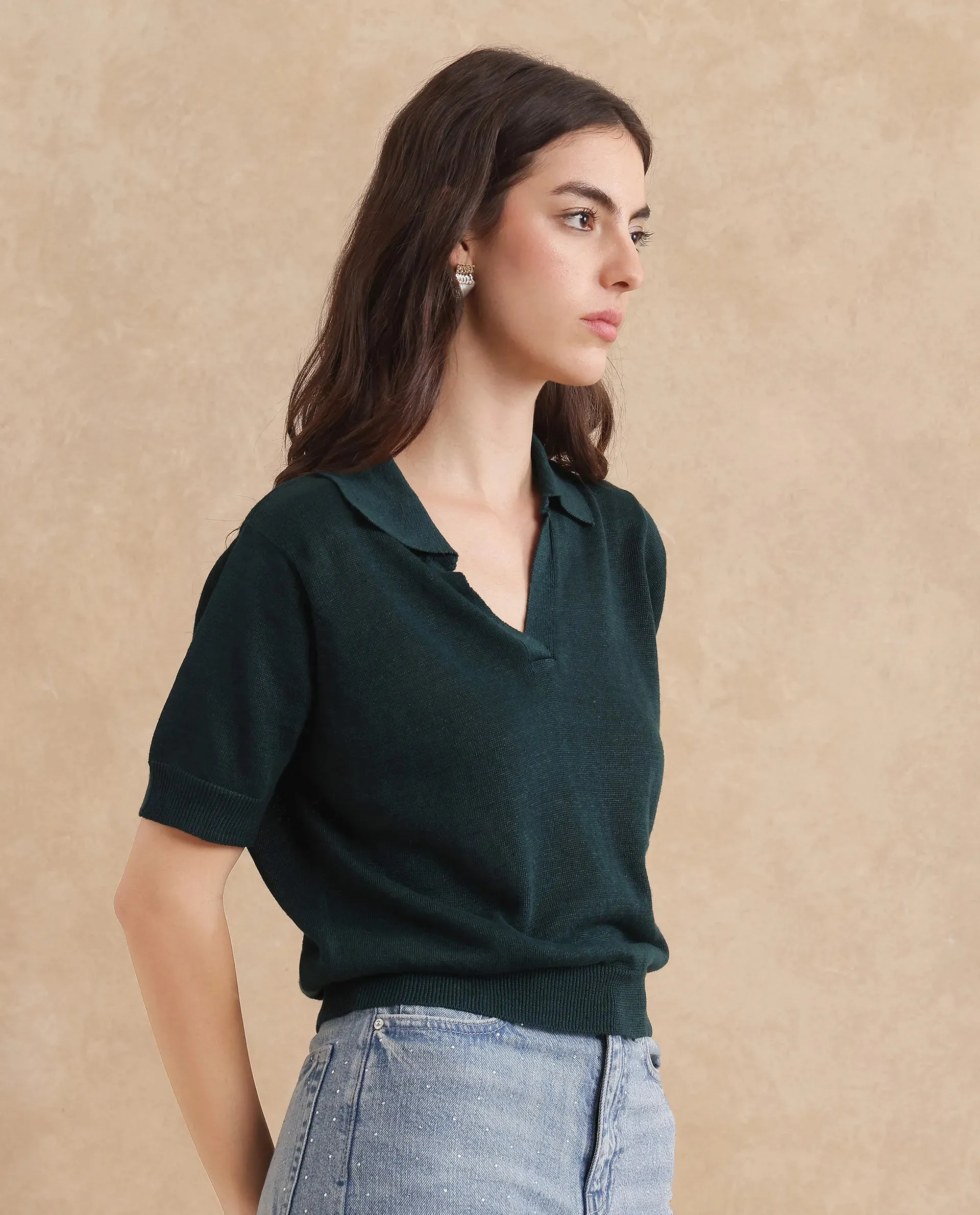 Rareism Women Basel Green Cotton Linen Fabric Short Sleeve Polo Collar Plain Polo